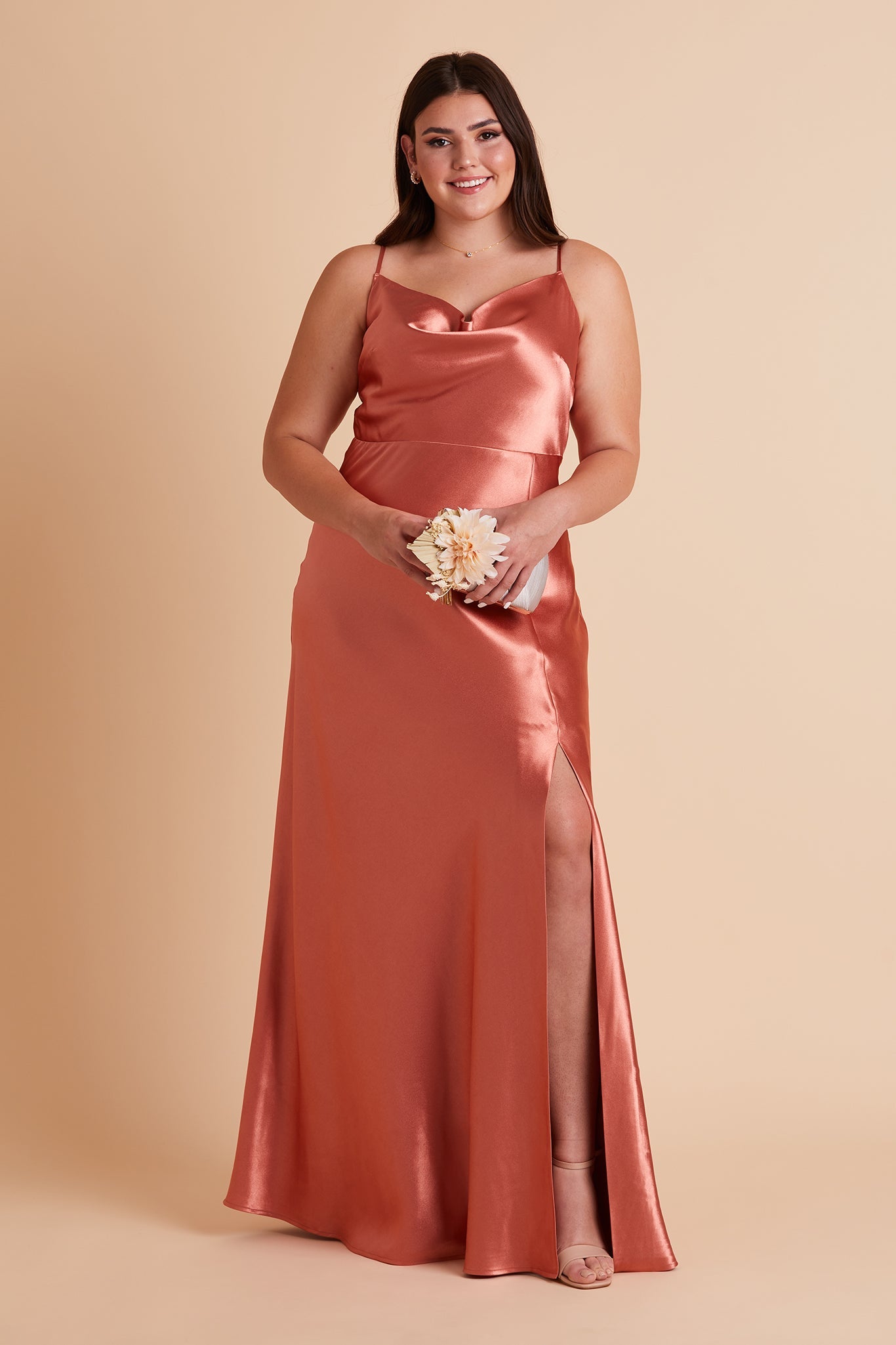 Long Satin Bridesmaid Dress with Cowl Neck & Spaghetti Straps | Lisa
