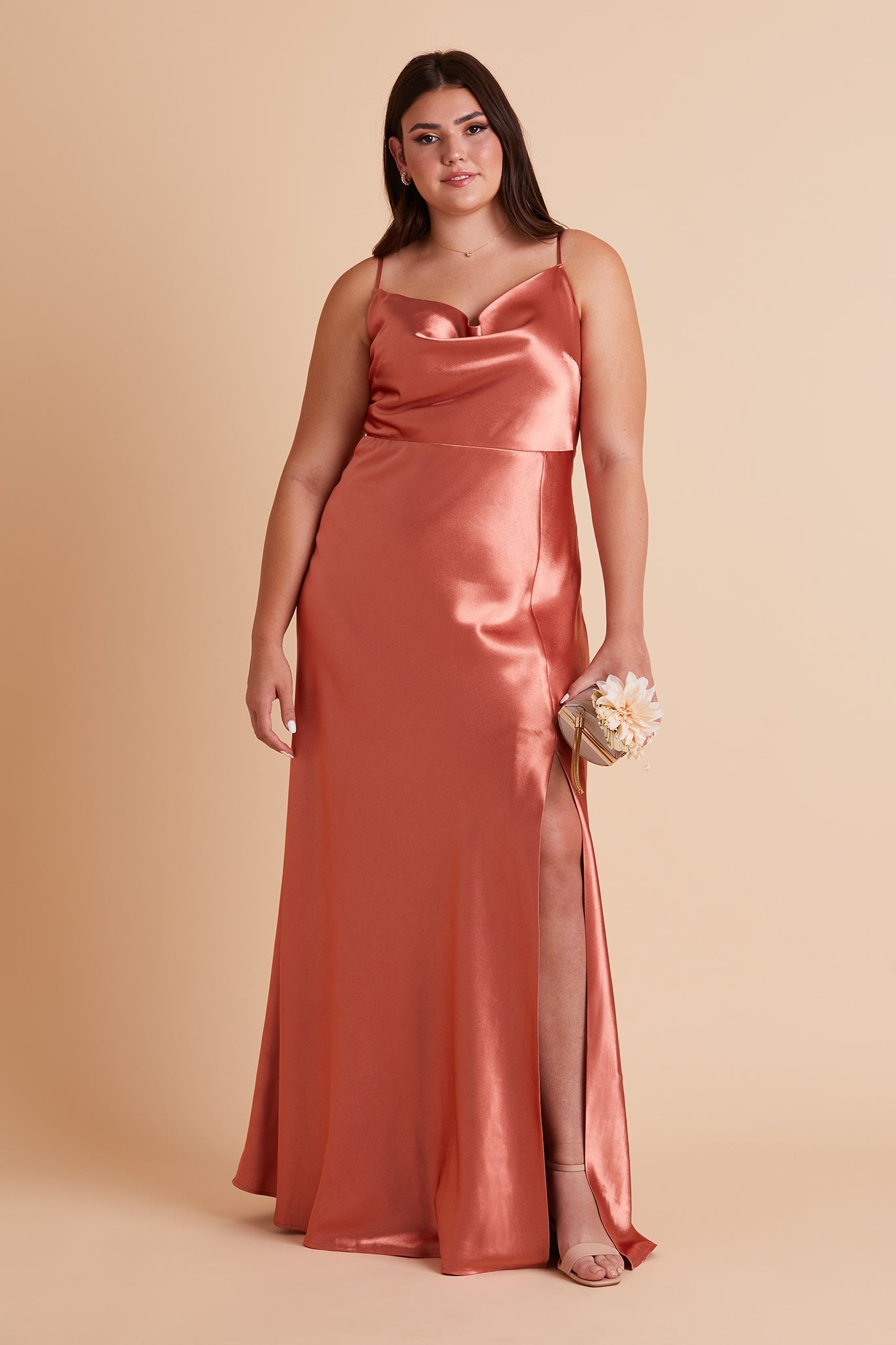 Long Satin Bridesmaid Dress with Cowl Neck & Spaghetti Straps | Lisa