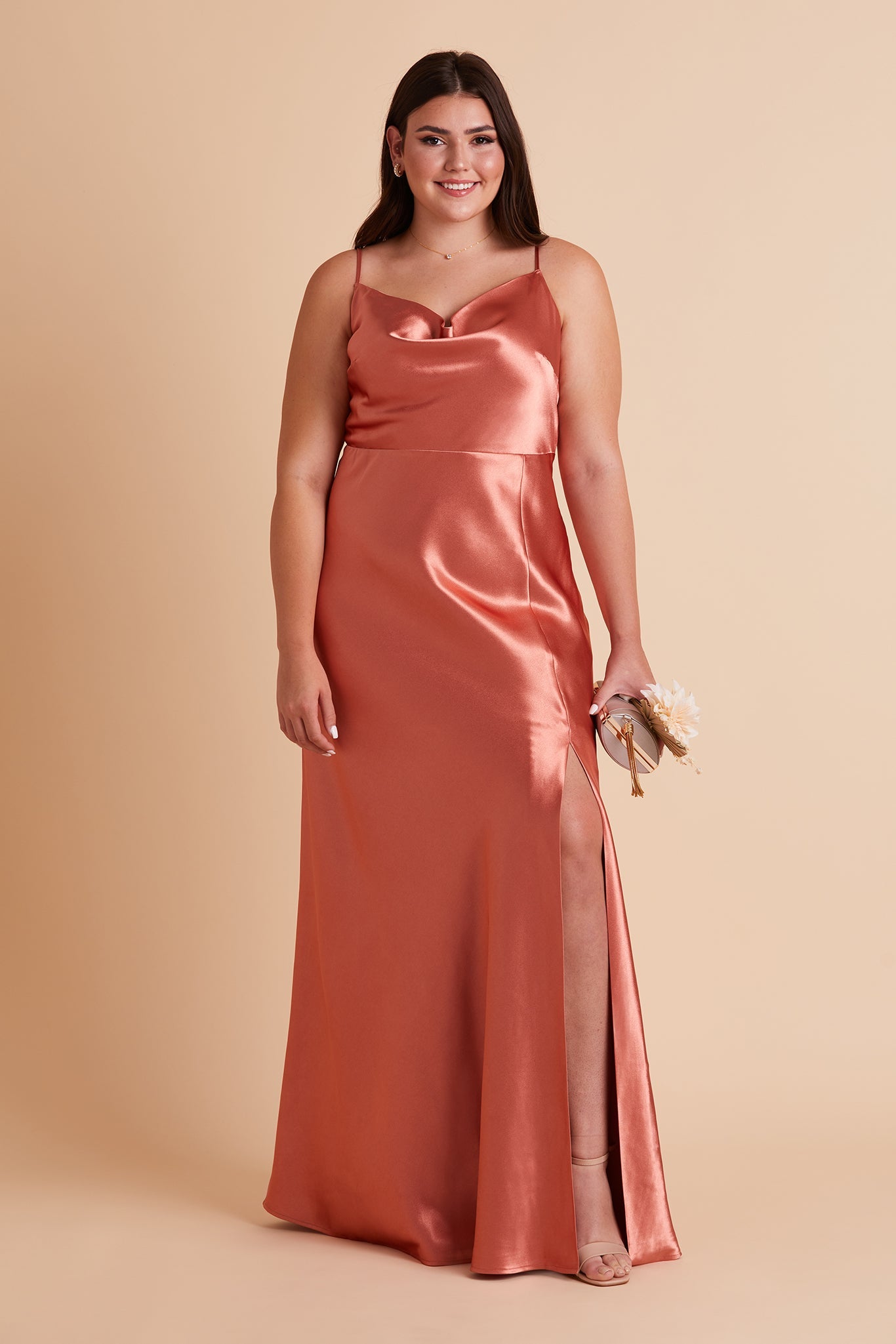 Long Satin Bridesmaid Dress with Cowl Neck & Spaghetti Straps | Lisa