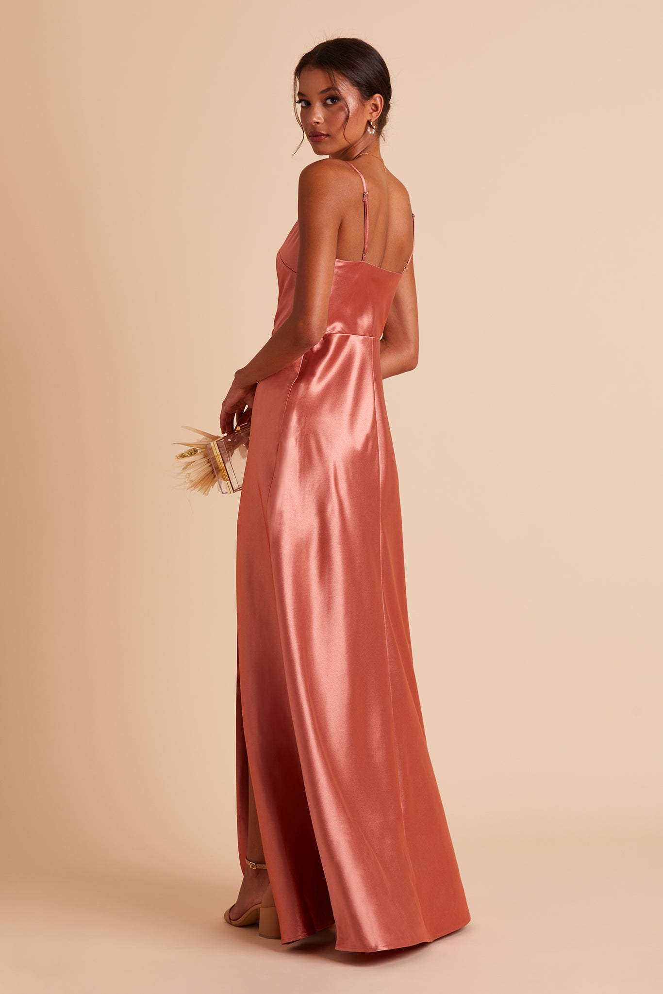 Long Satin Bridesmaid Dress with Cowl Neck & Spaghetti Straps | Lisa