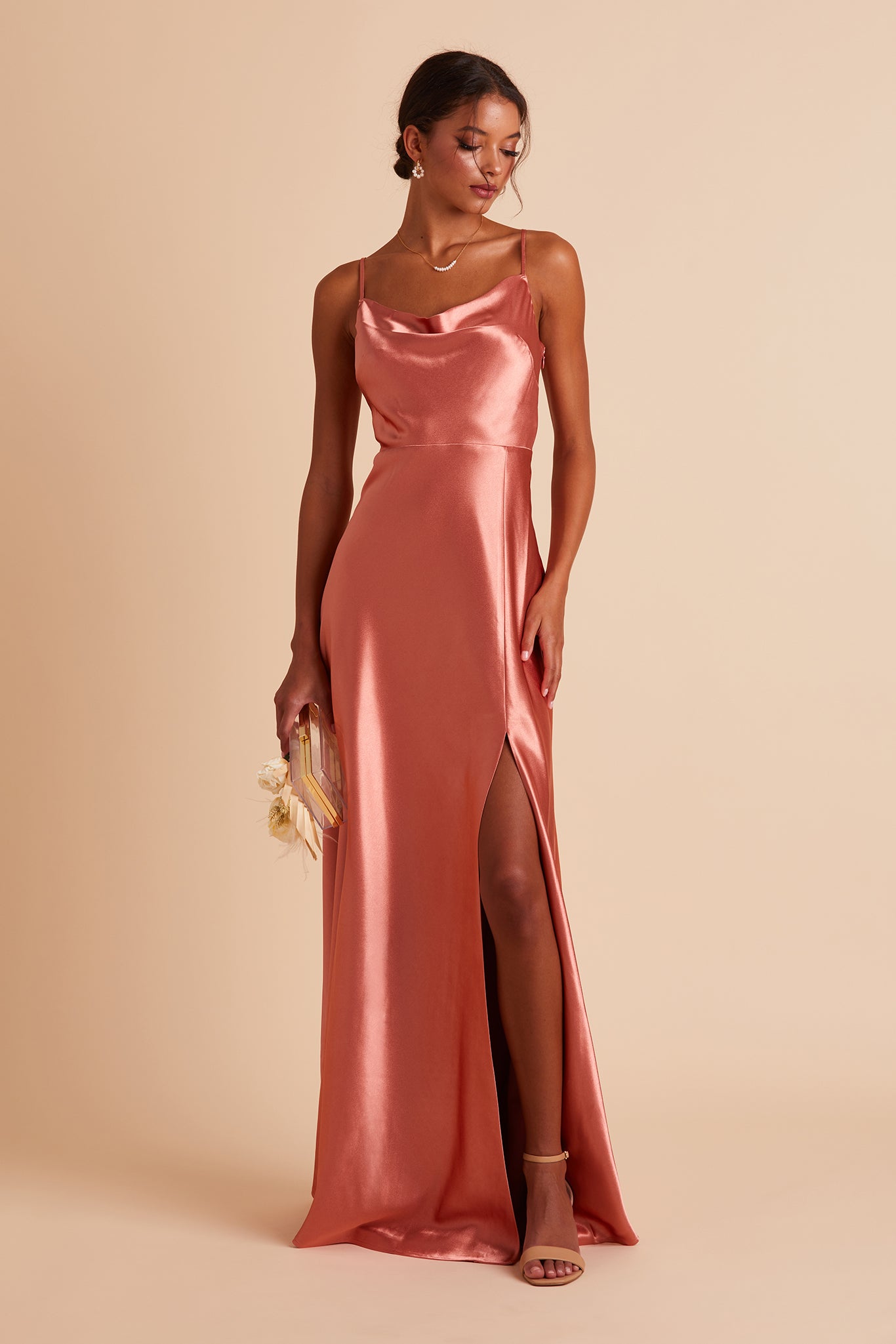 Long Satin Bridesmaid Dress with Cowl Neck & Spaghetti Straps | Lisa