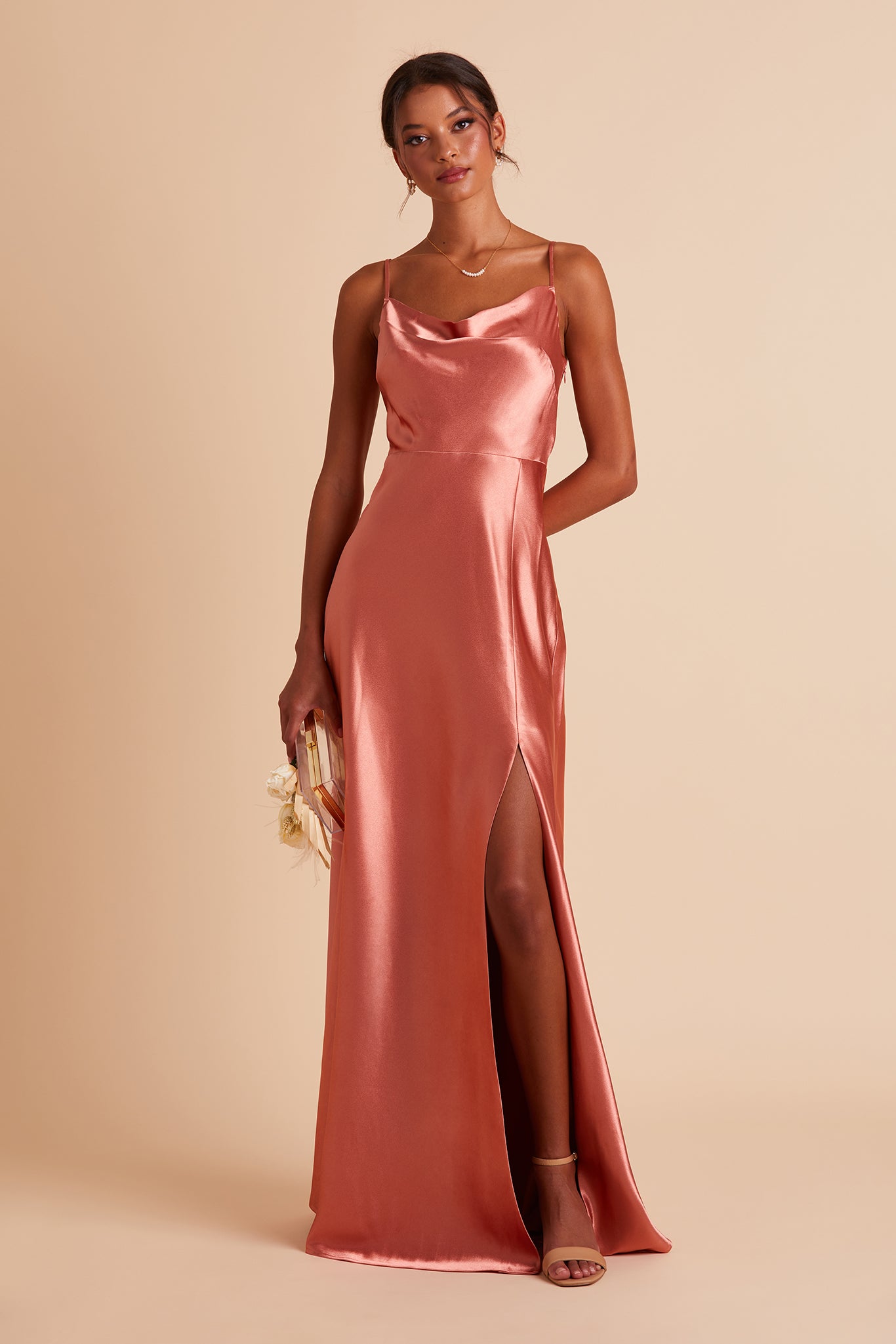Long Satin Bridesmaid Dress with Cowl Neck & Spaghetti Straps | Lisa