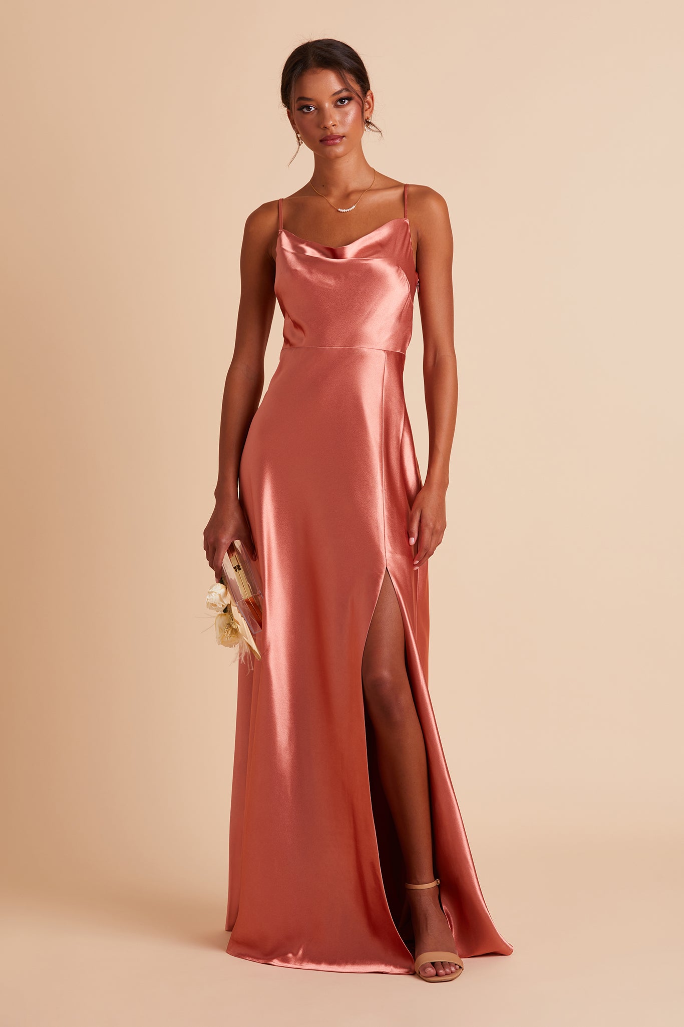 Long Satin Bridesmaid Dress with Cowl Neck & Spaghetti Straps | Lisa