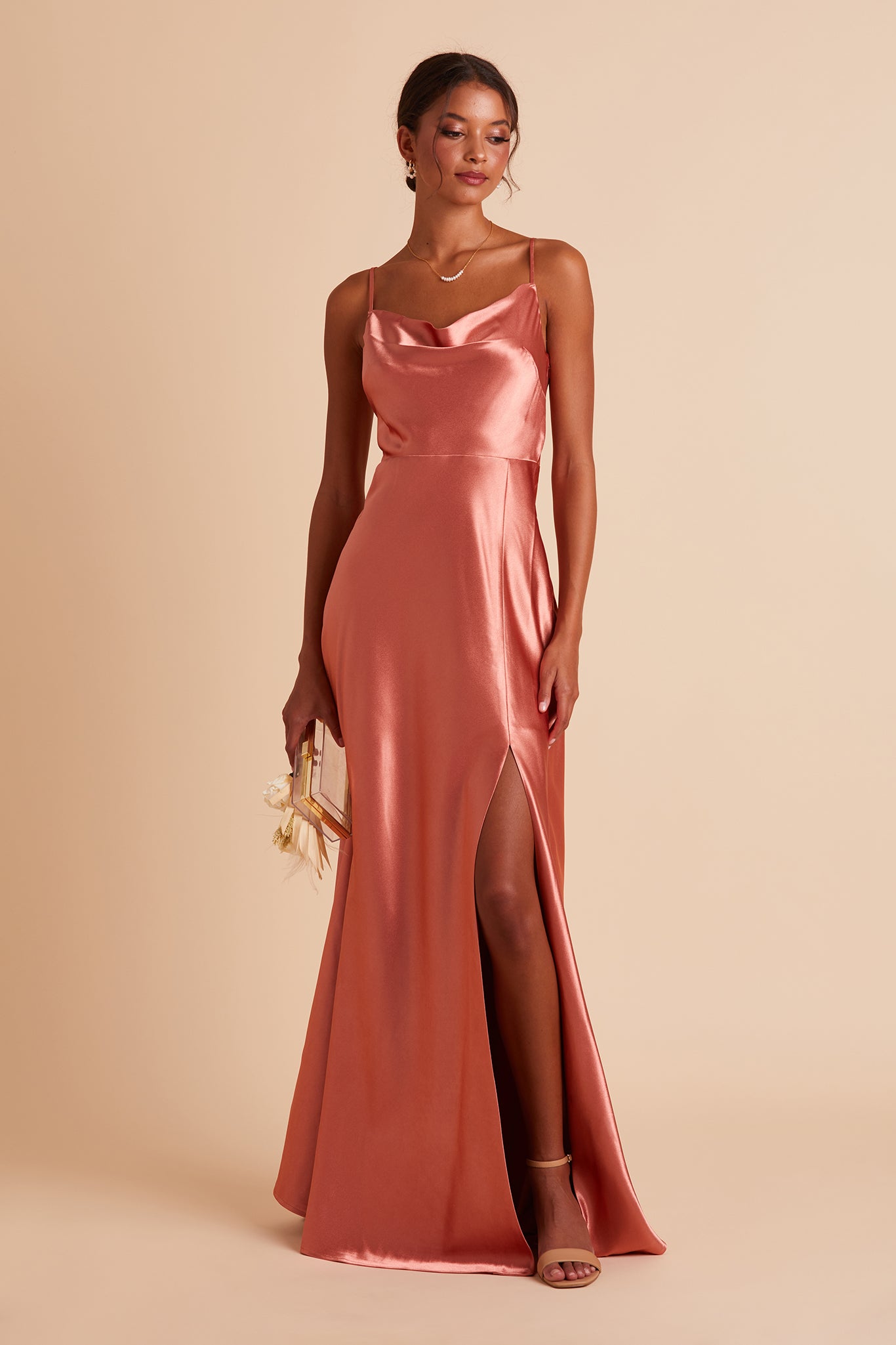 Long Satin Bridesmaid Dress with Cowl Neck & Spaghetti Straps | Lisa