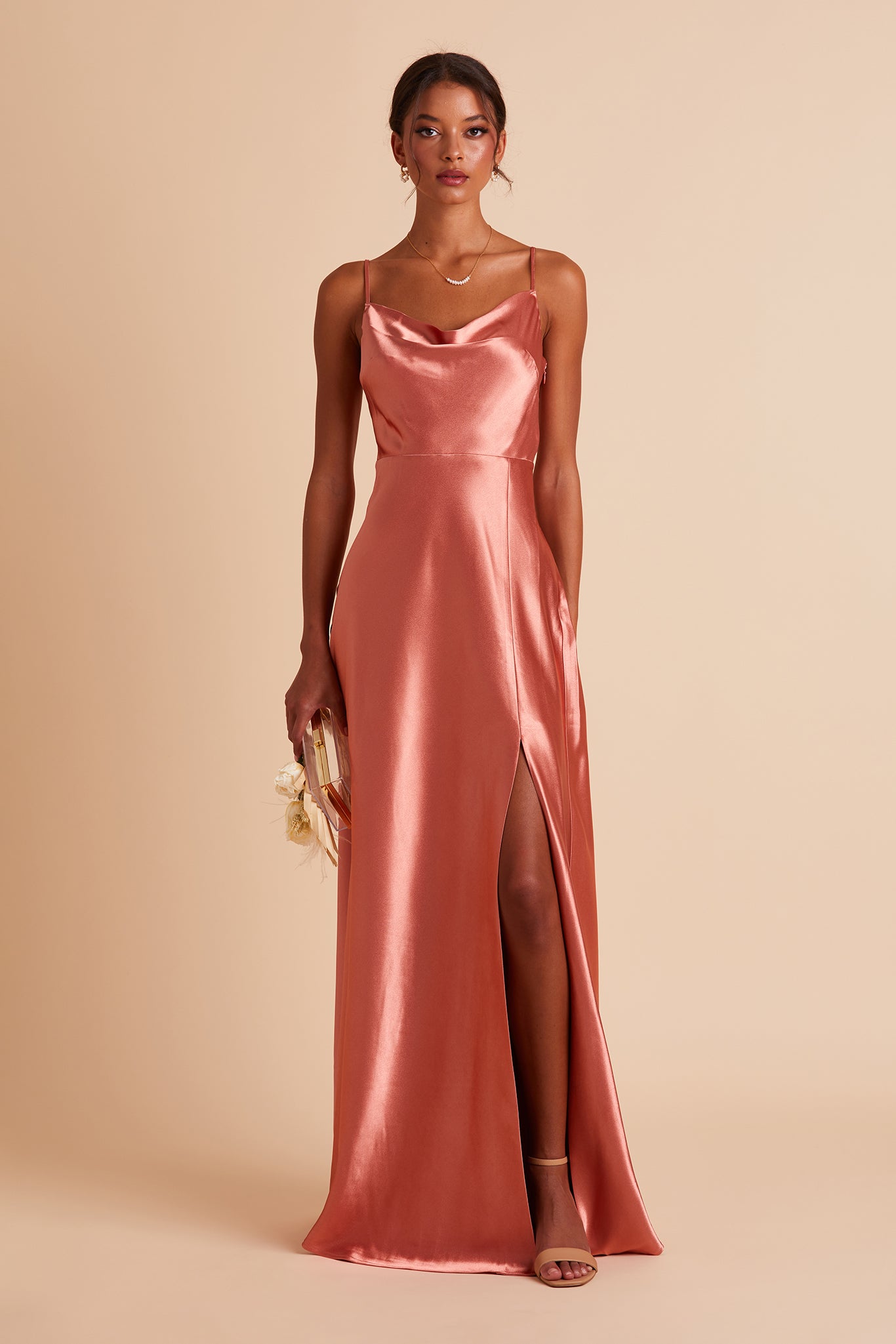 Long Satin Bridesmaid Dress with Cowl Neck & Spaghetti Straps | Lisa