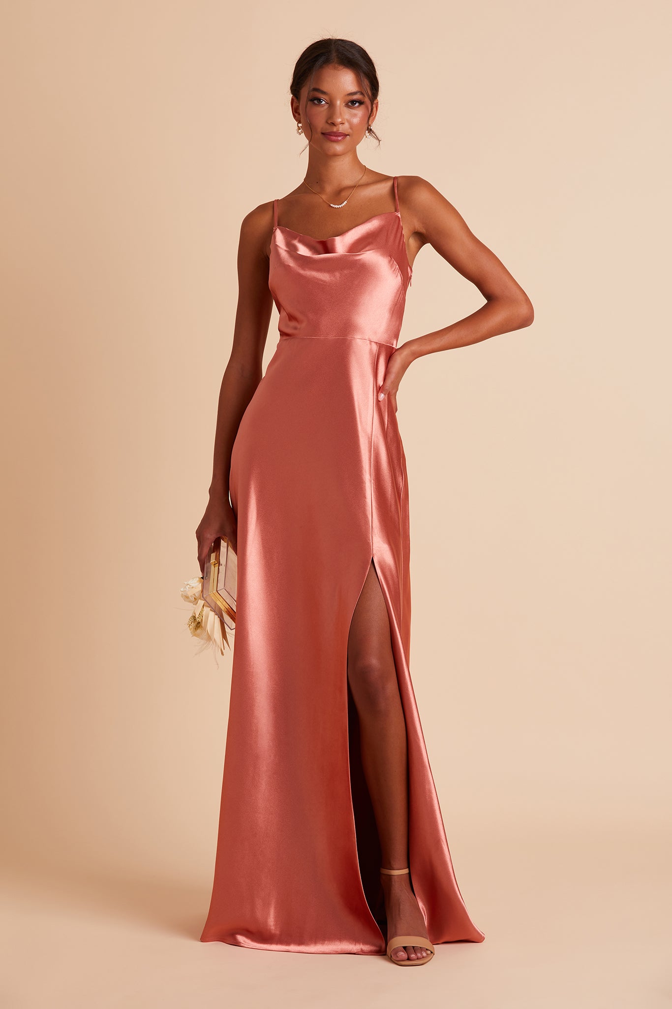 Long Satin Bridesmaid Dress with Cowl Neck & Spaghetti Straps | Lisa