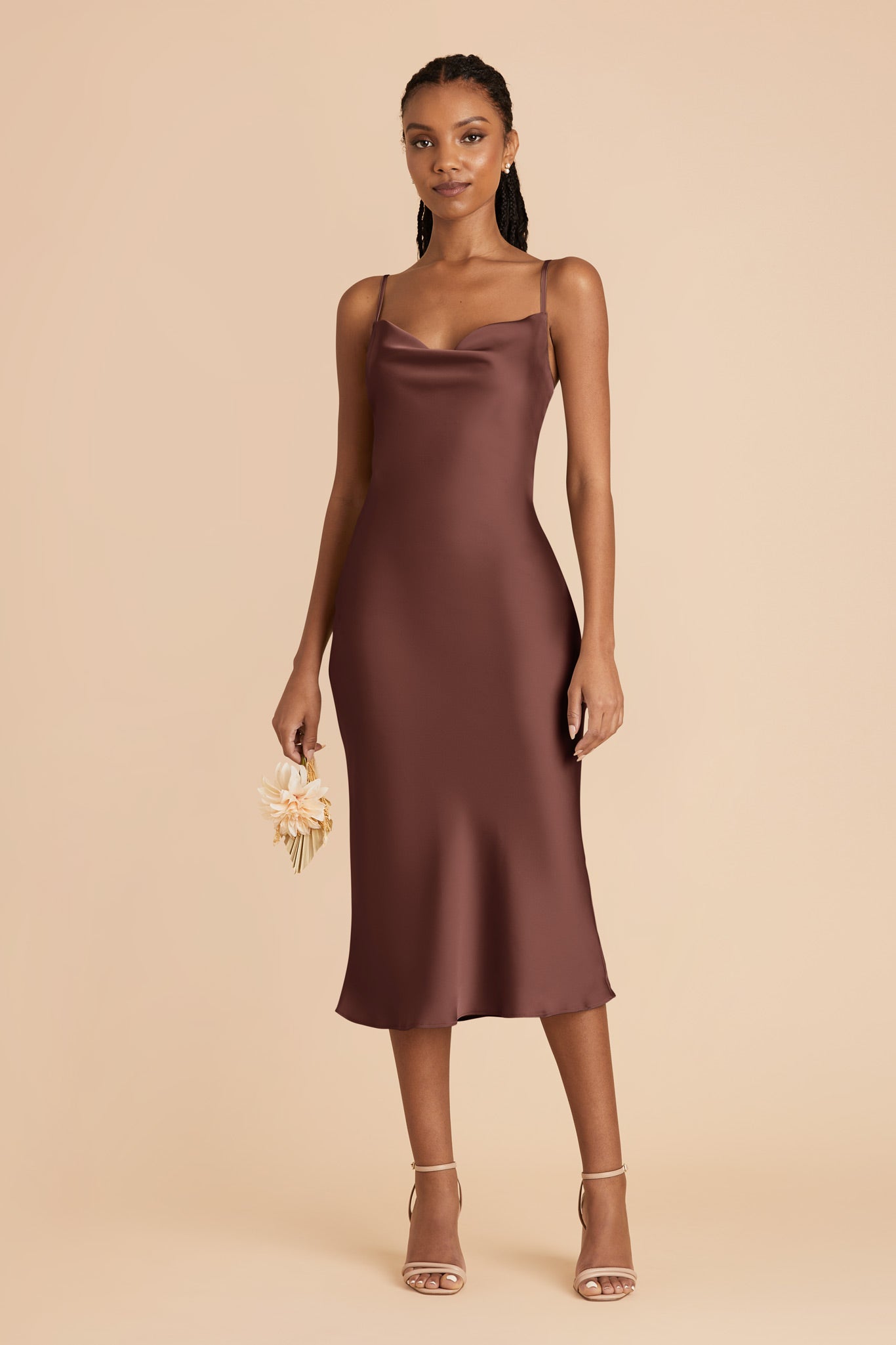 Matte Satin Midi Dress with Cowl Neckline | Lisa Chocolate Brown