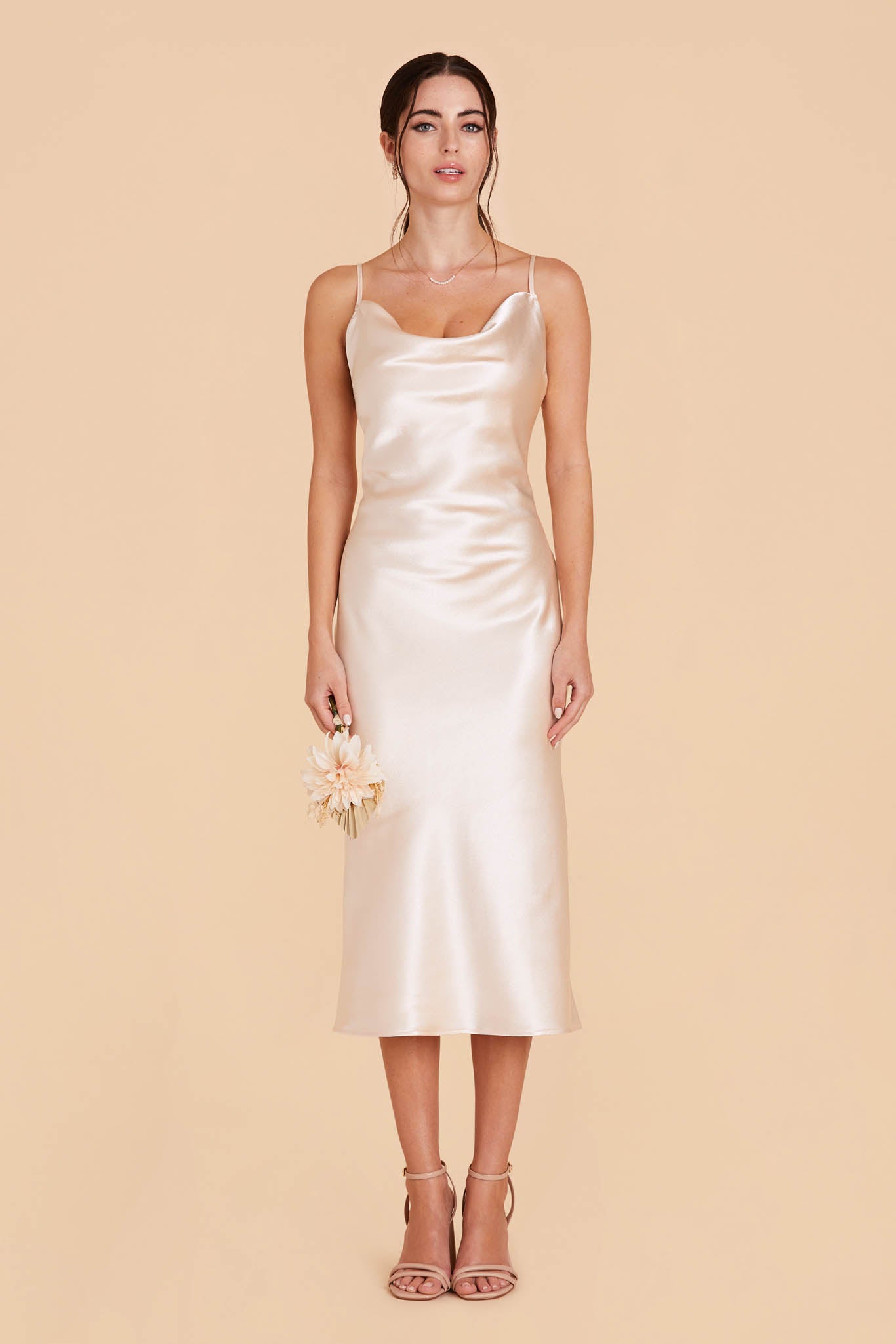 Shiny Satin Midi Dress with Cowl Neckline | Lisa Champagne