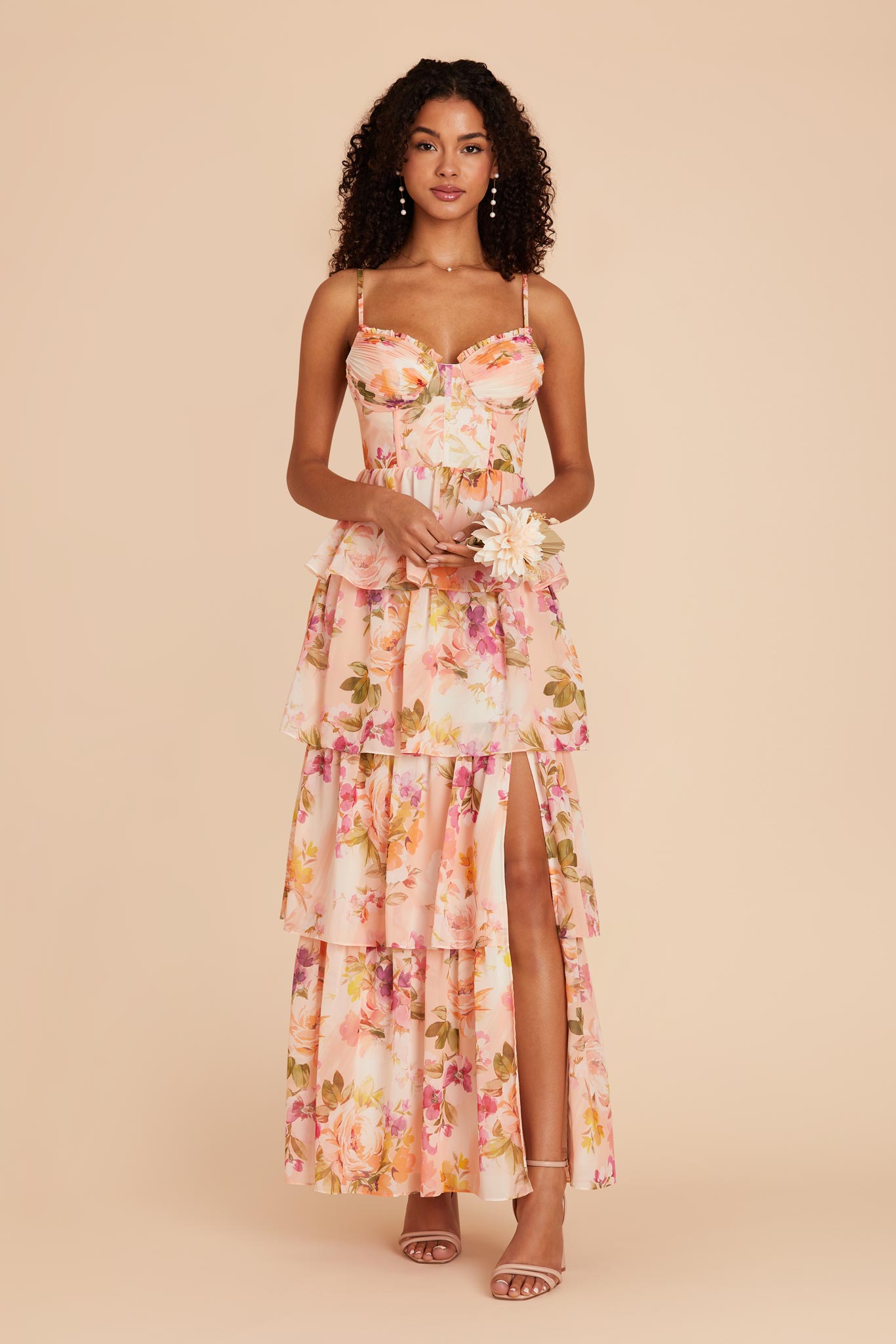 Ruffle Tiered Chiffon Dress - Coral Sunset Peonies | Lola