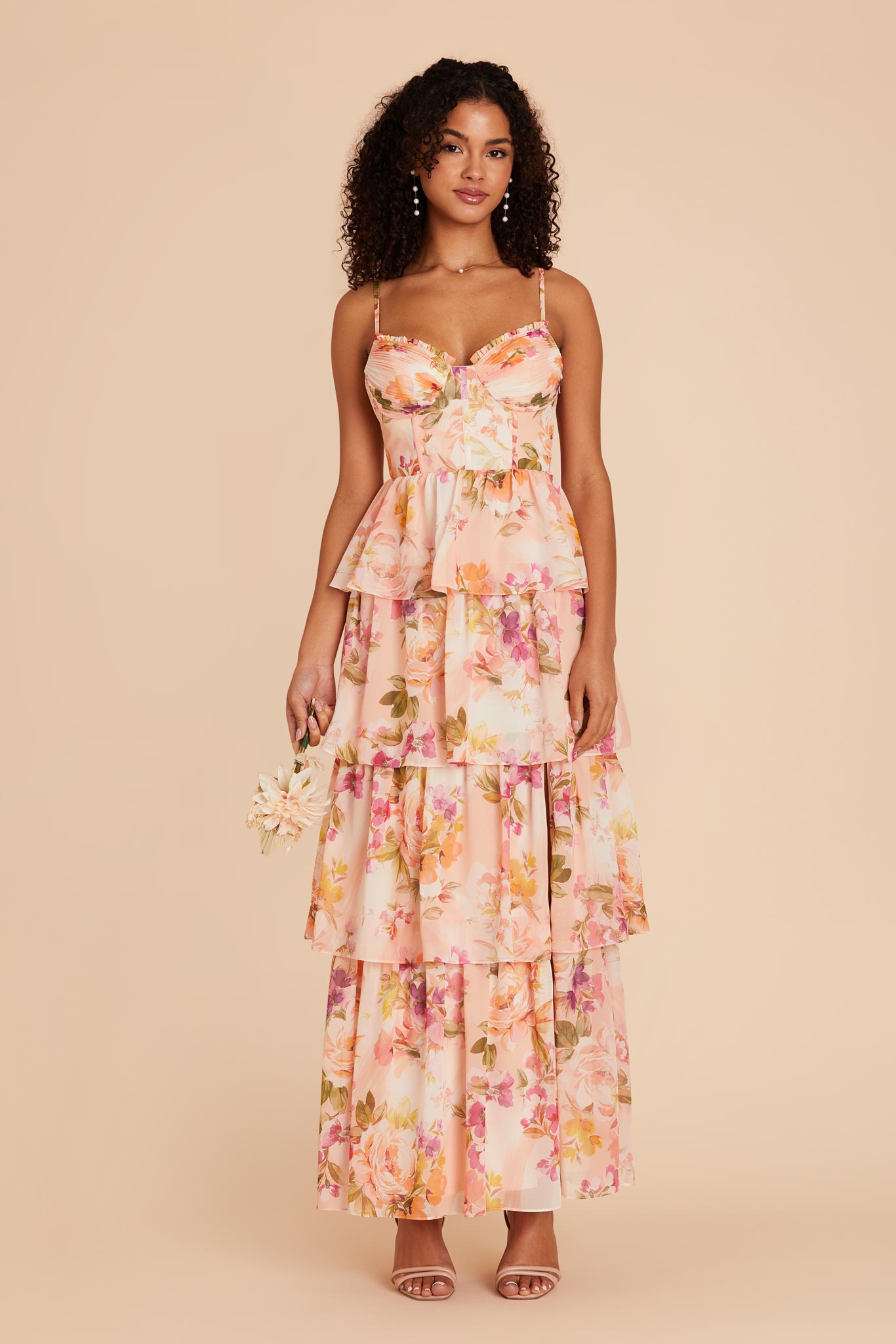 Ruffle Tiered Chiffon Dress - Coral Sunset Peonies | Lola