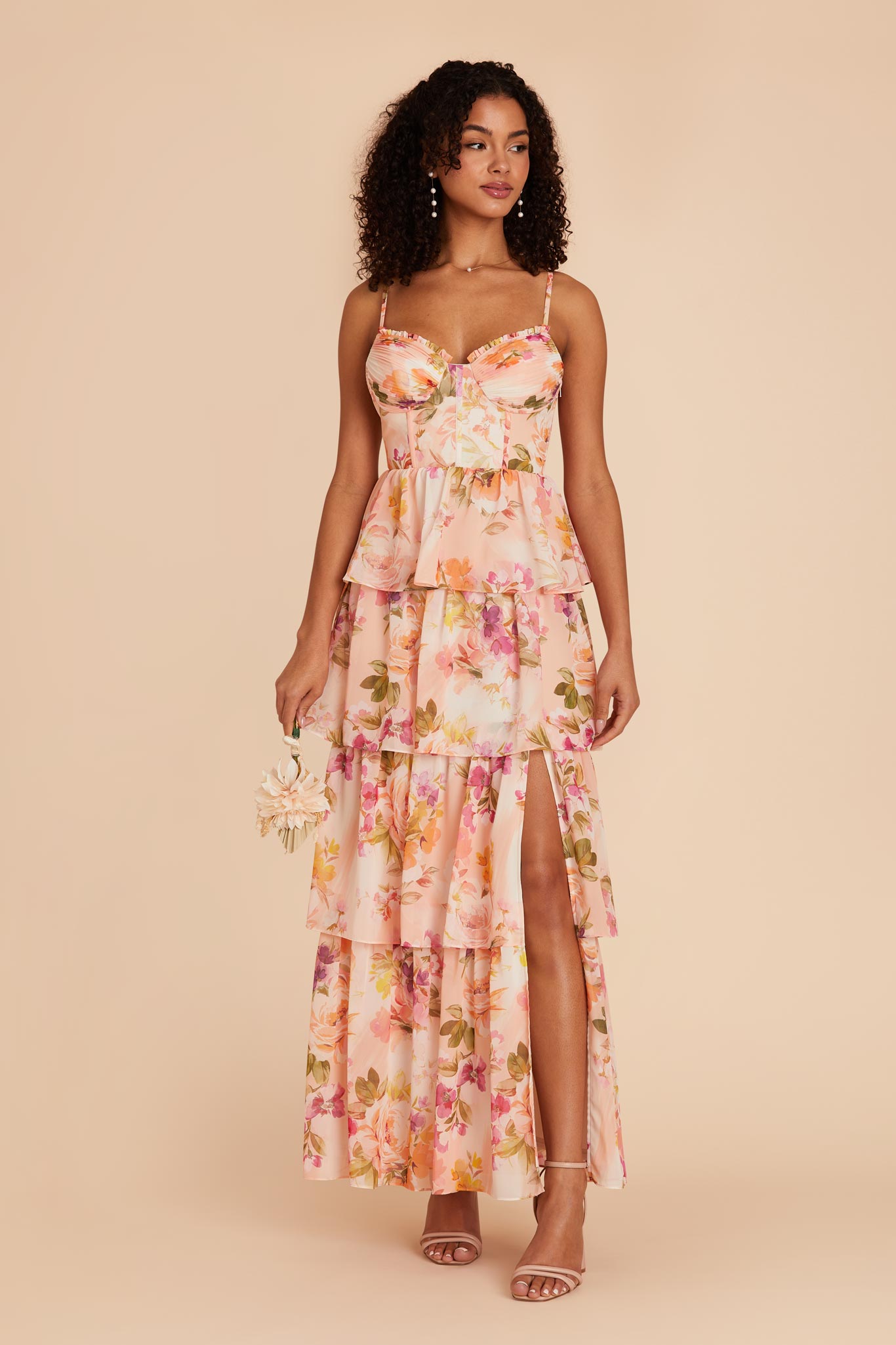 Ruffle Tiered Chiffon Dress - Coral Sunset Peonies | Lola