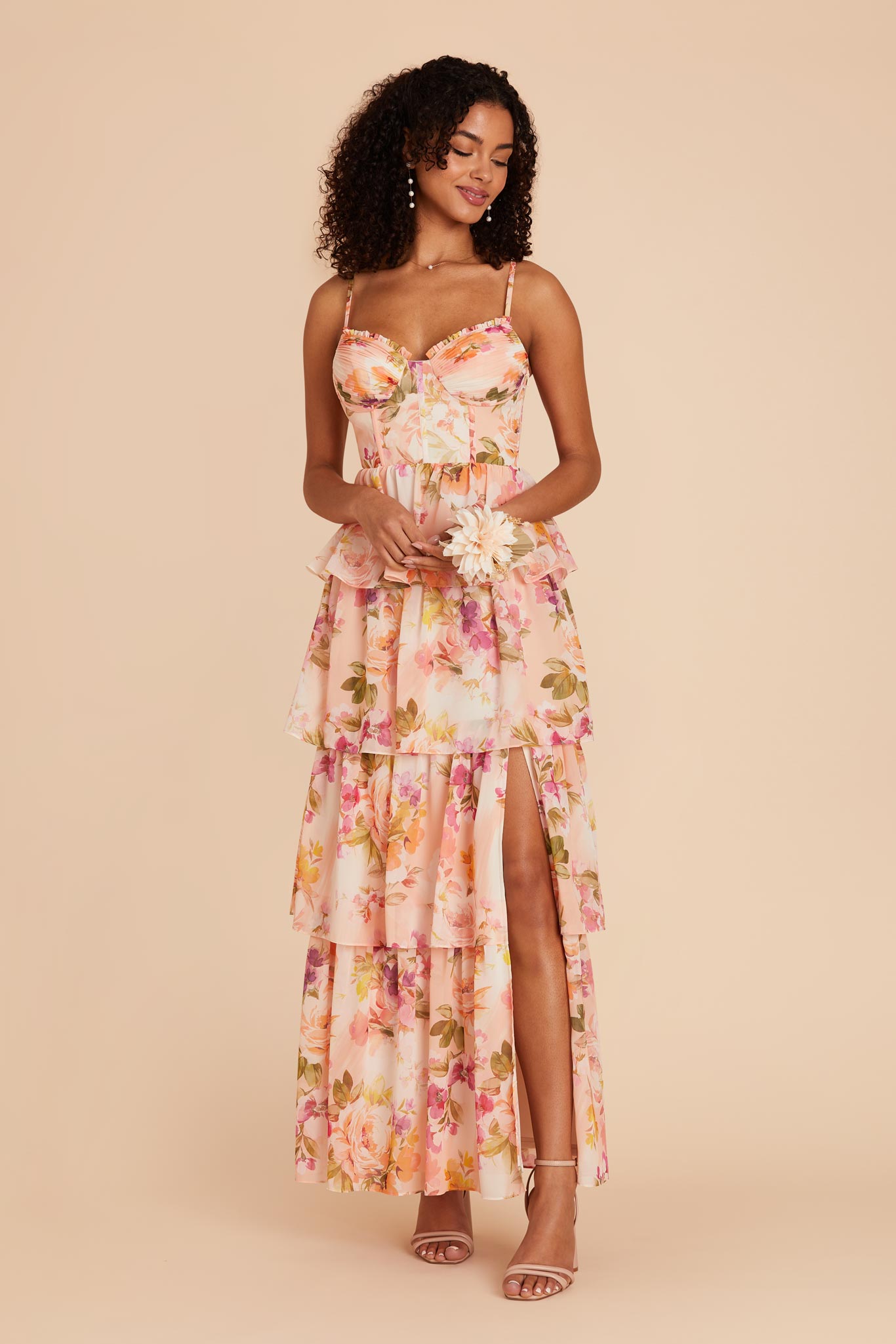 Ruffle Tiered Chiffon Dress - Coral Sunset Peonies | Lola