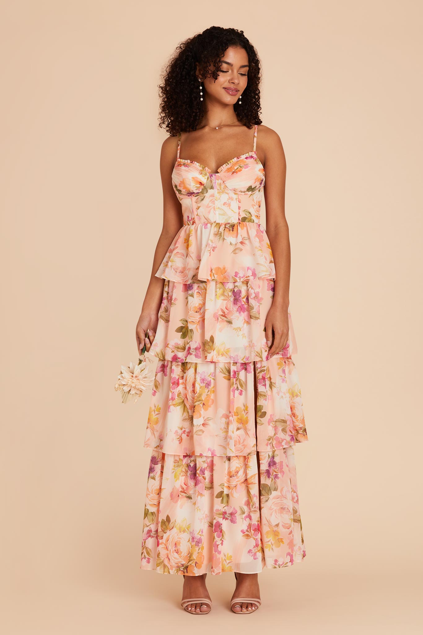 Ruffle Tiered Chiffon Dress - Coral Sunset Peonies | Lola