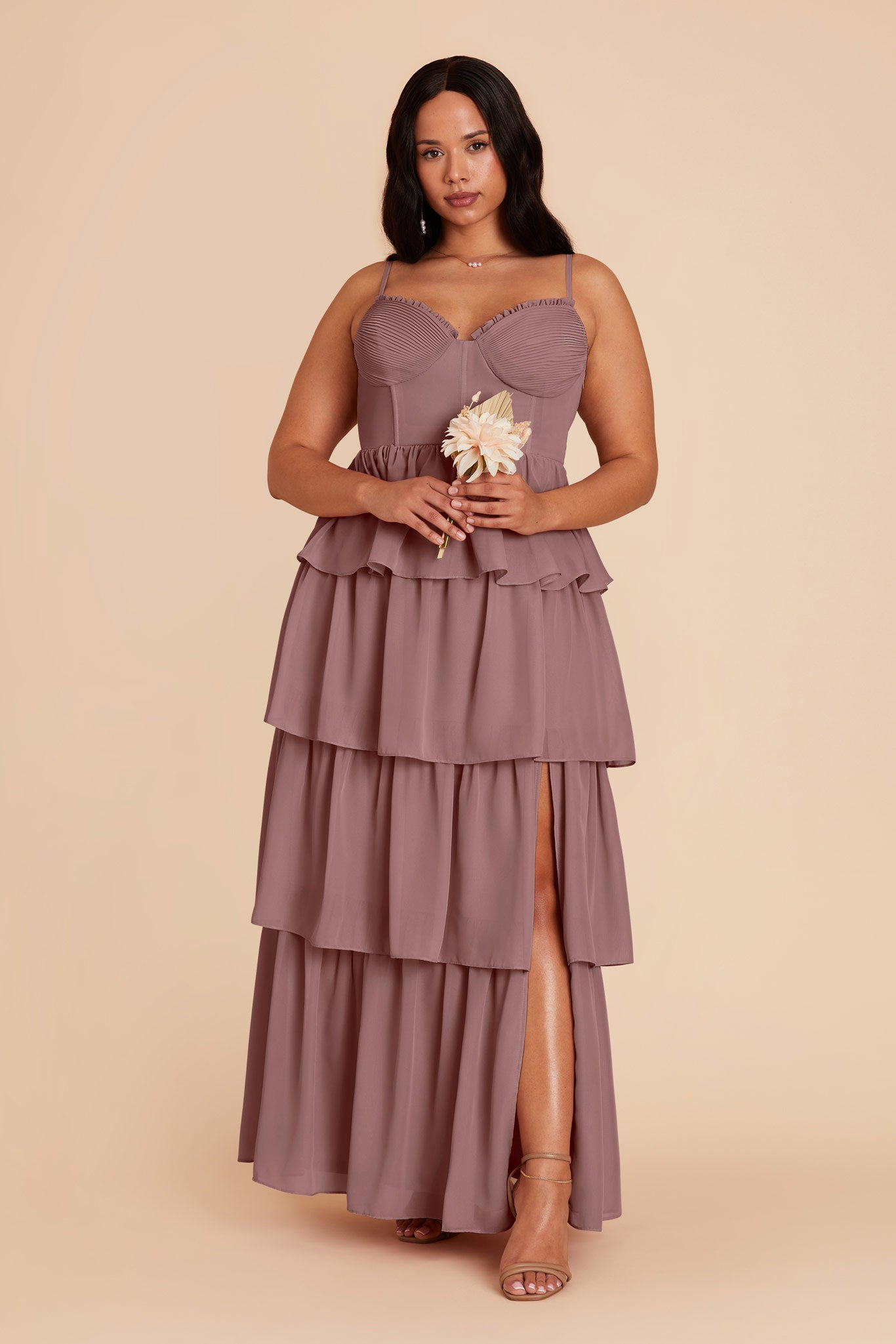Ruffle Tiered Chiffon Dress in Dark Mauve | Lola