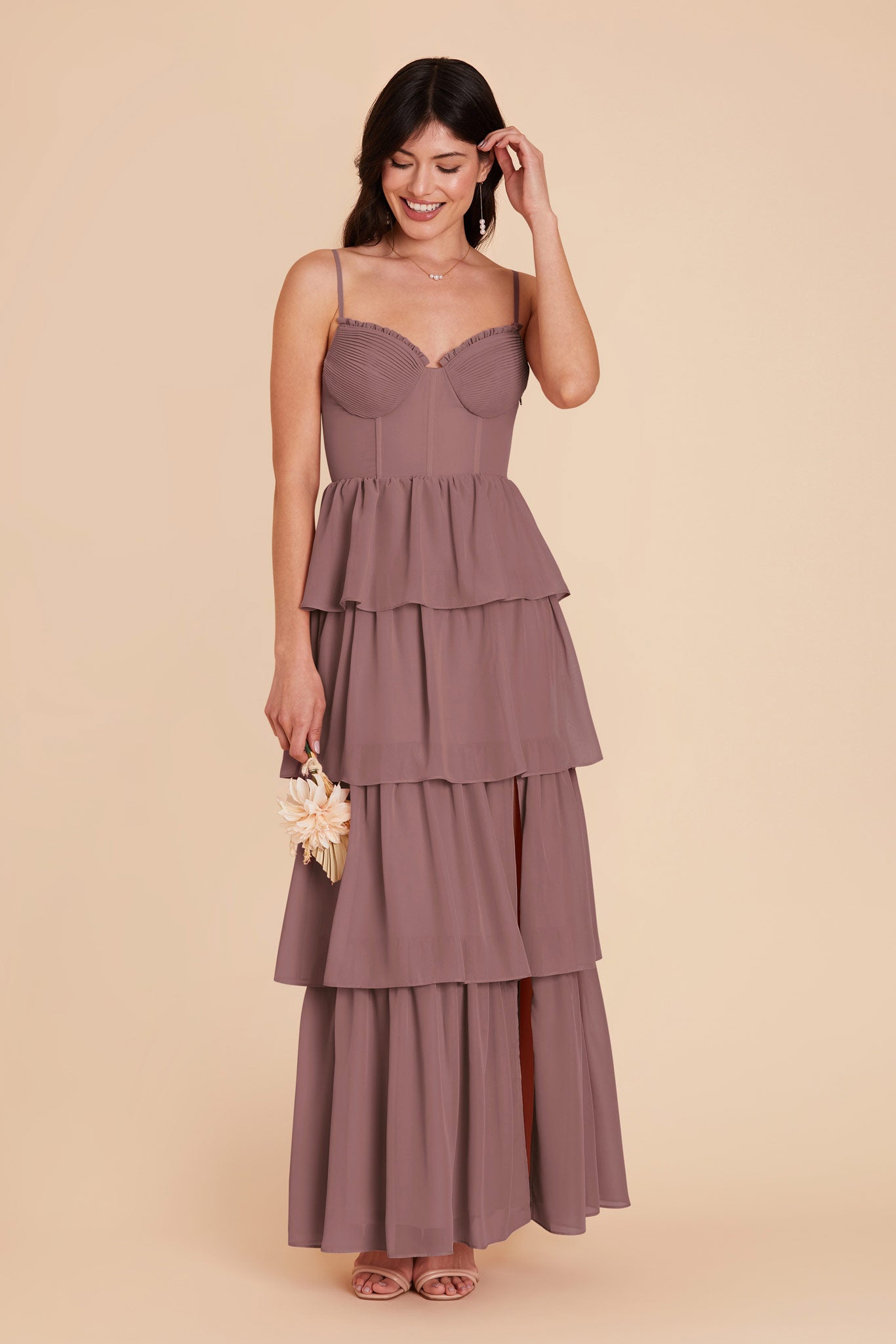 Ruffle Tiered Chiffon Dress in Dark Mauve | Lola