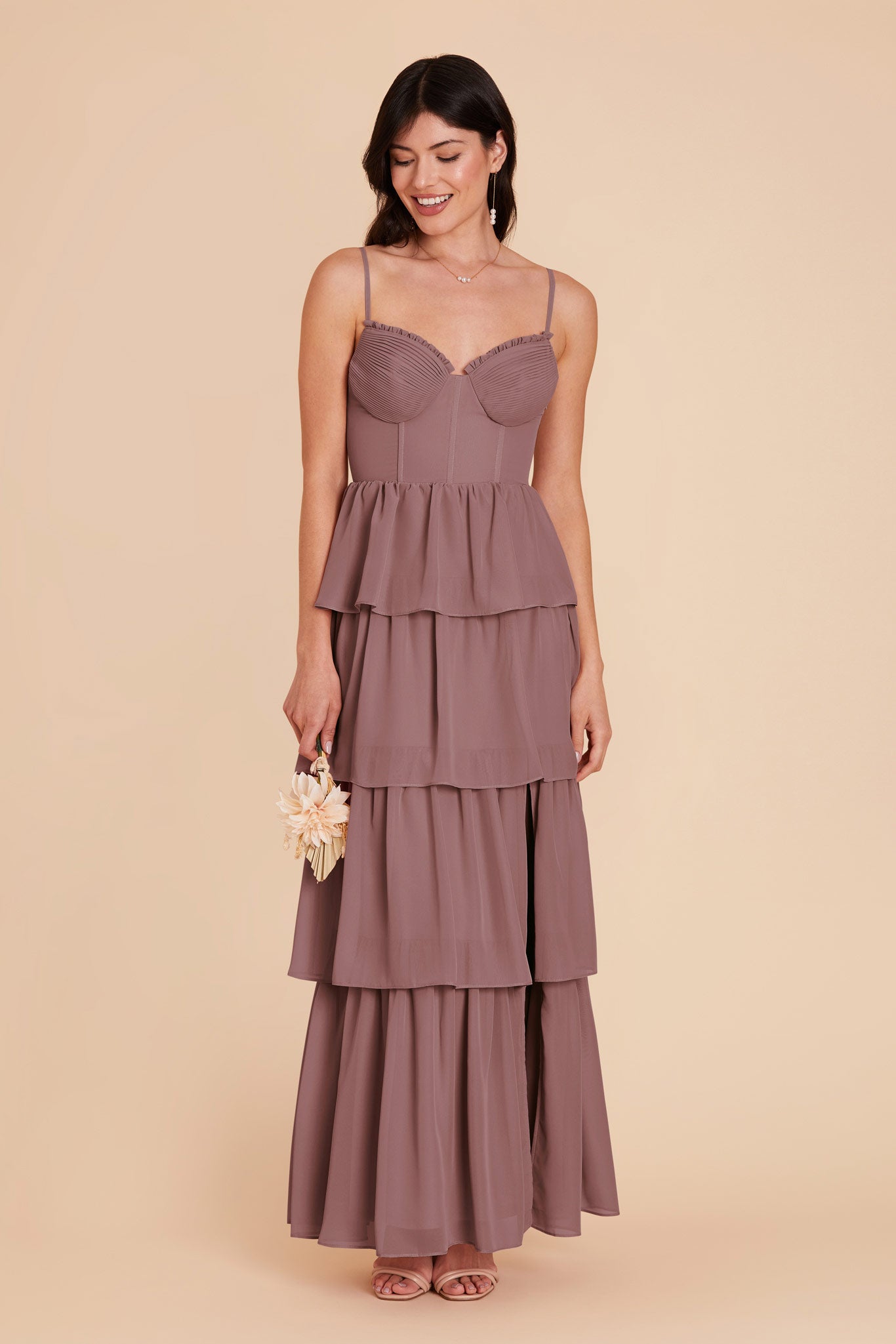 Ruffle Tiered Chiffon Dress in Dark Mauve | Lola