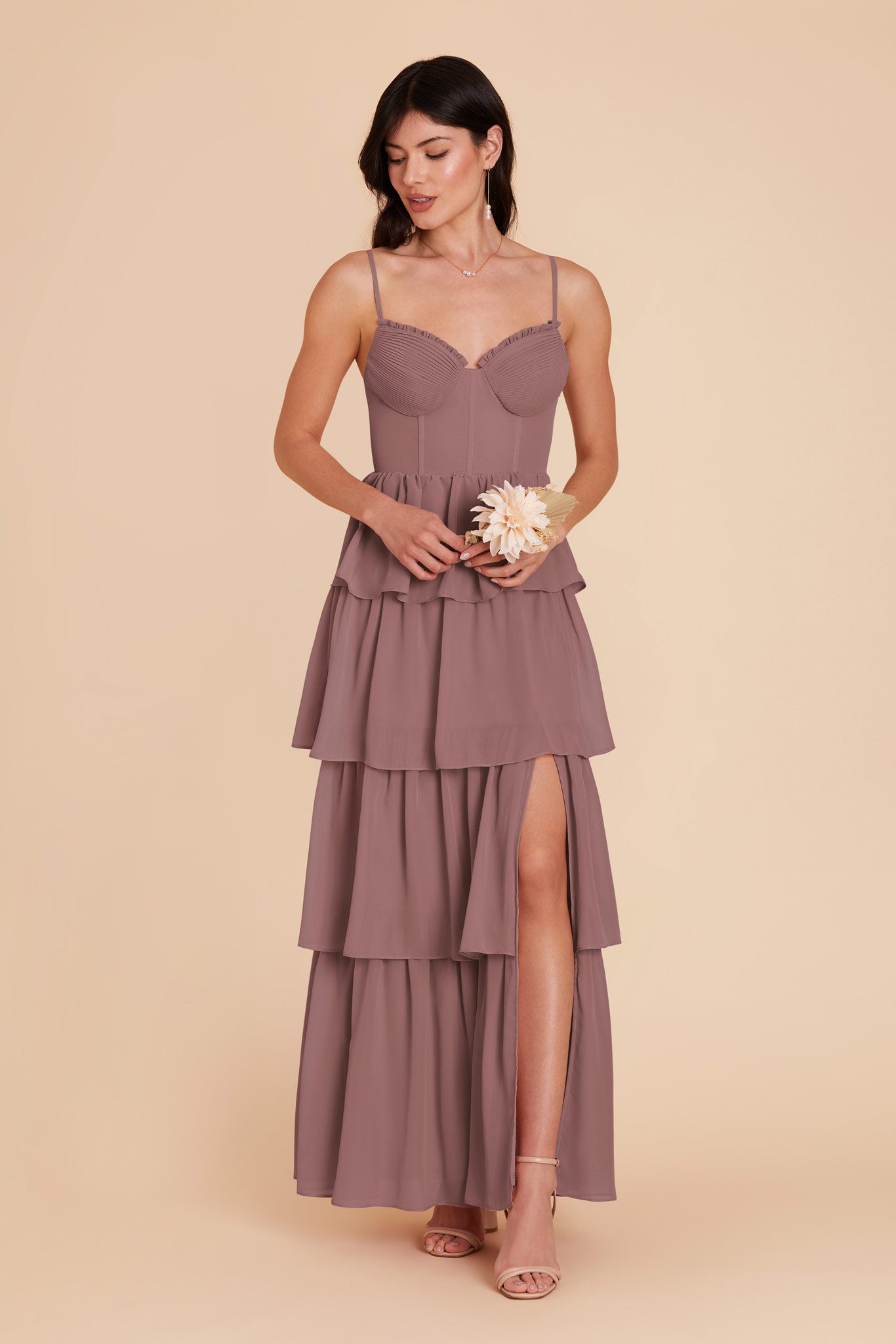 Ruffle Tiered Chiffon Dress in Dark Mauve | Lola