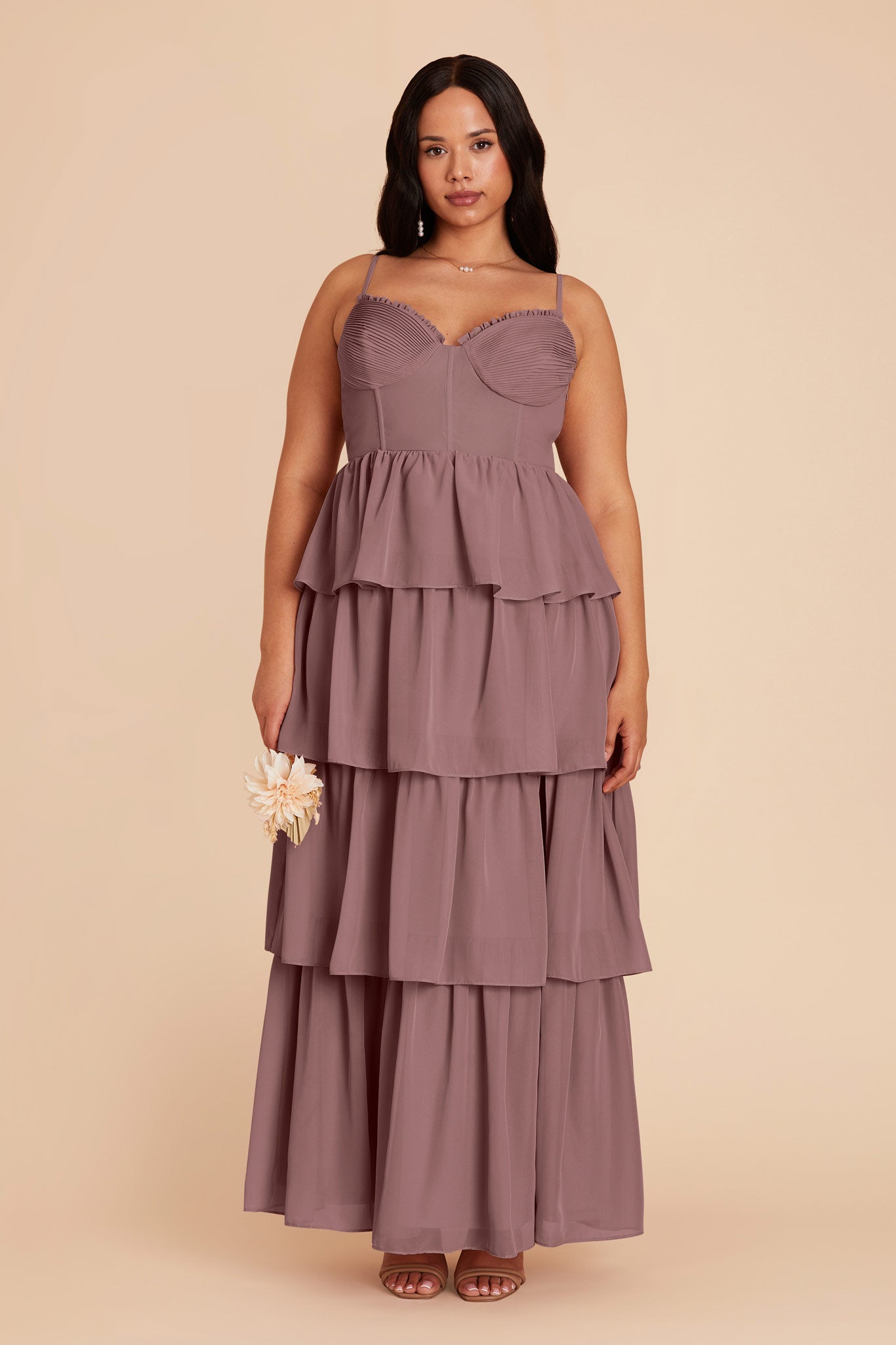 Ruffle Tiered Chiffon Dress in Dark Mauve | Lola