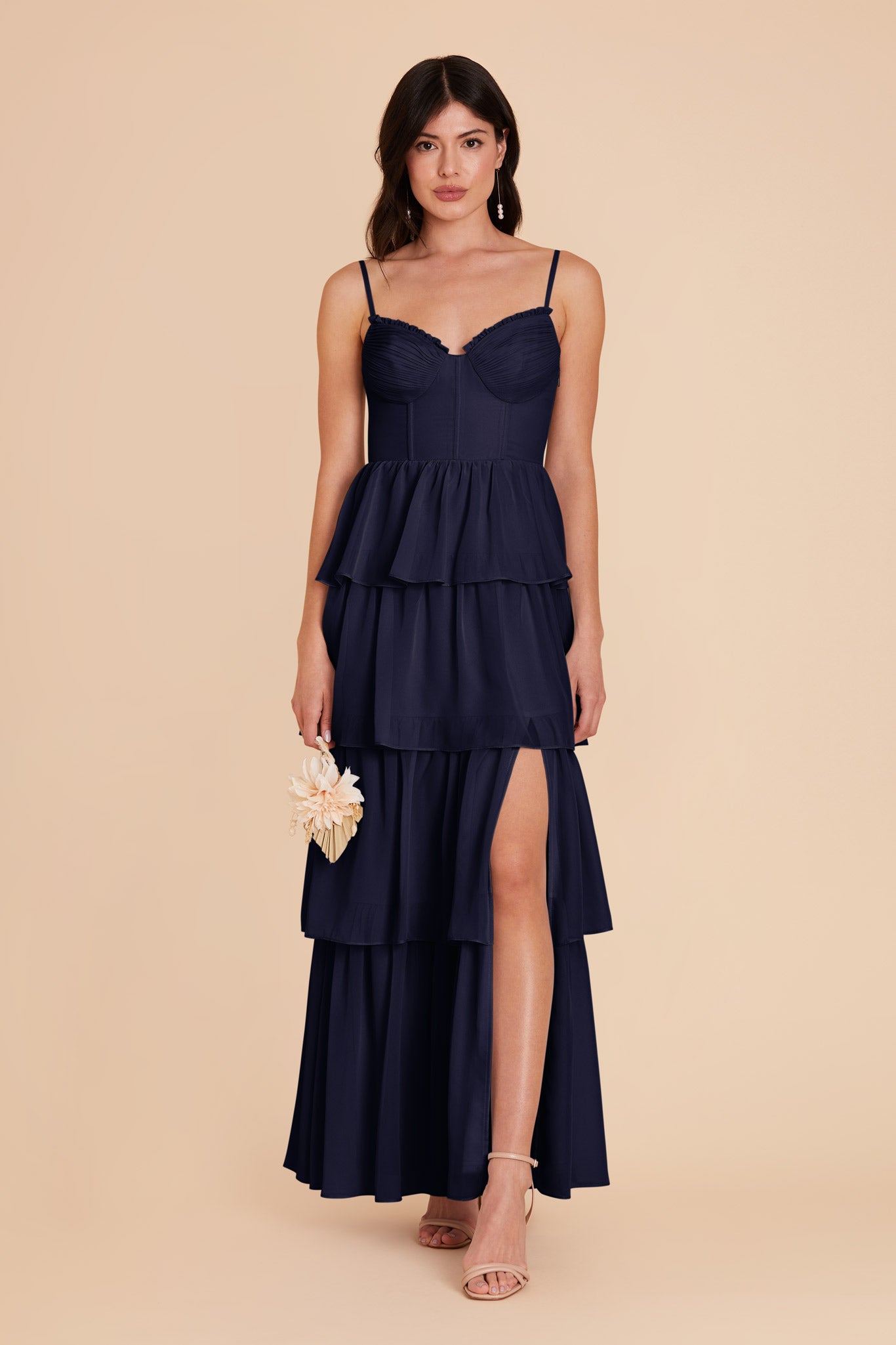 Ruffle Tiered Chiffon Dress in Navy | Lola