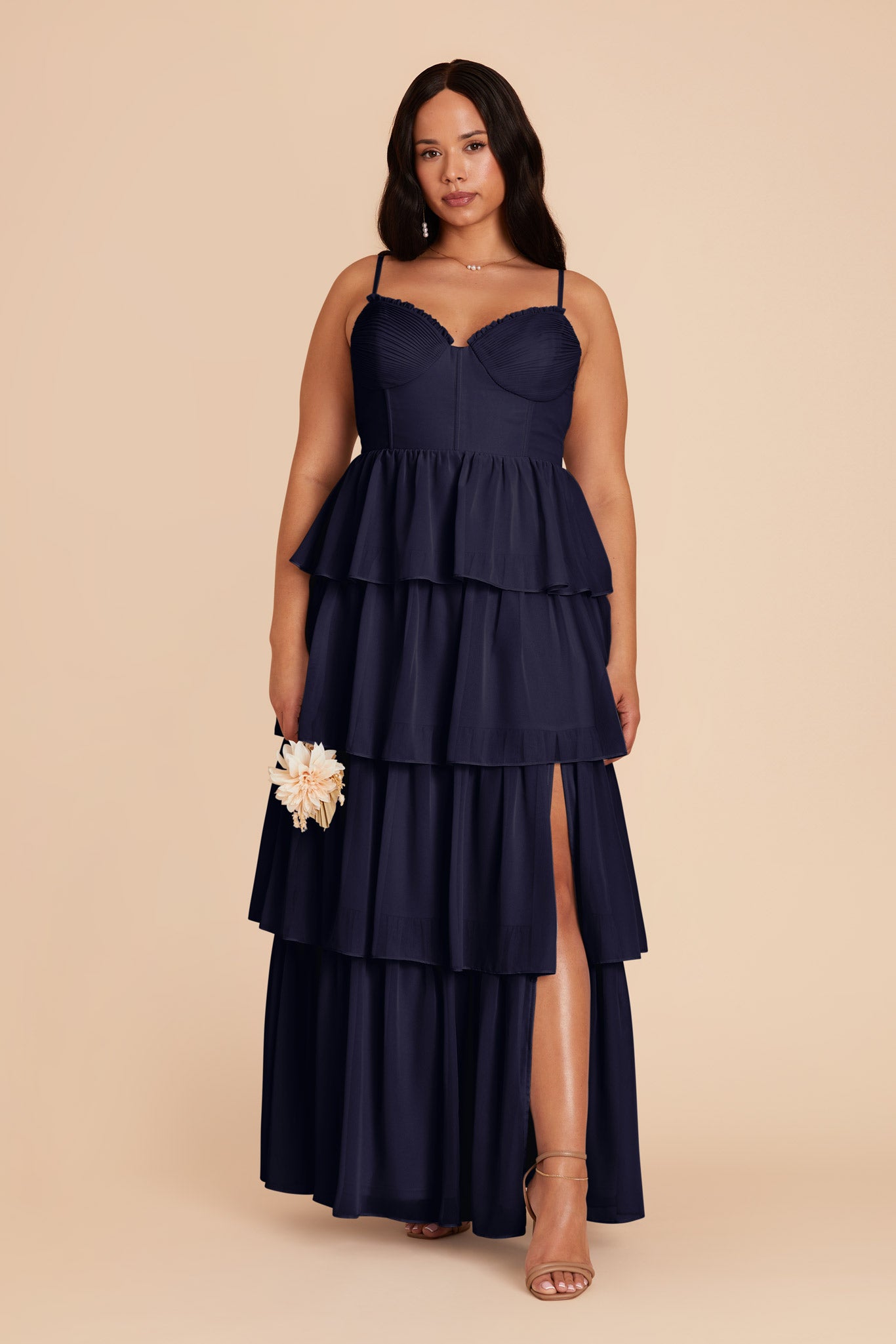 Ruffle Tiered Chiffon Dress in Navy | Lola