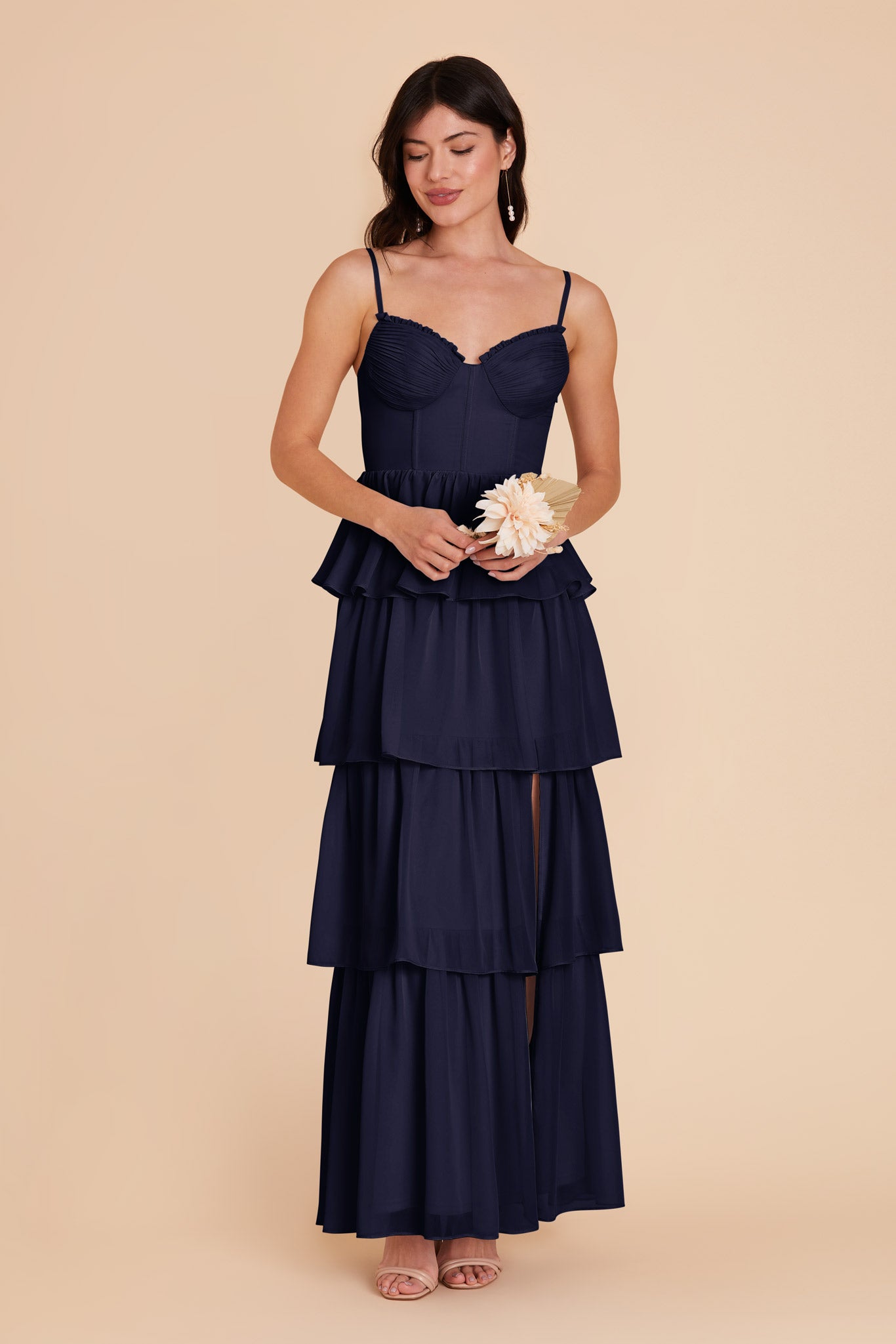 Ruffle Tiered Chiffon Dress in Navy | Lola