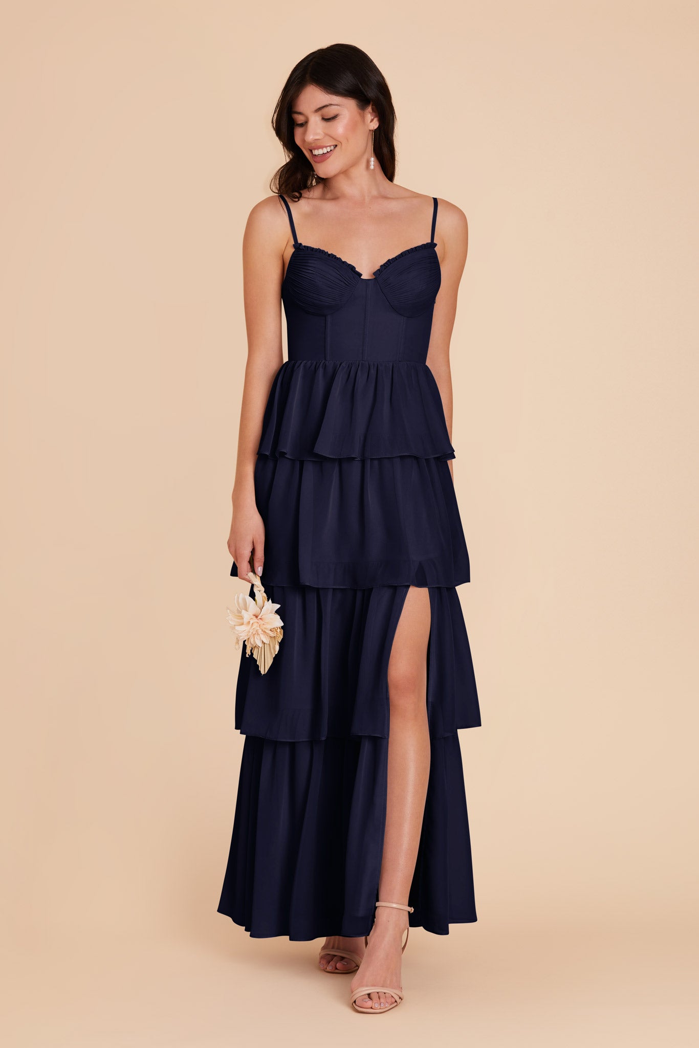 Ruffle Tiered Chiffon Dress in Navy | Lola
