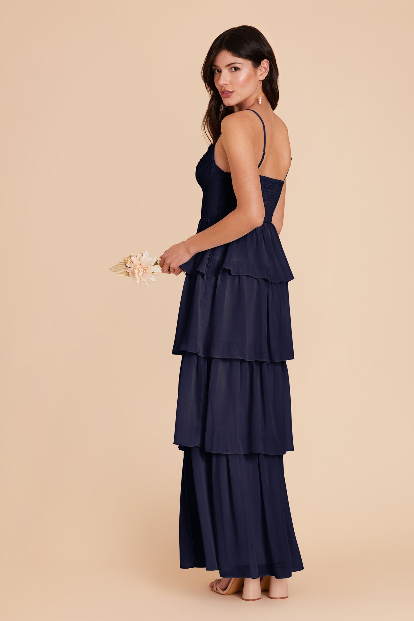 Ruffle Tiered Chiffon Dress in Navy | Lola