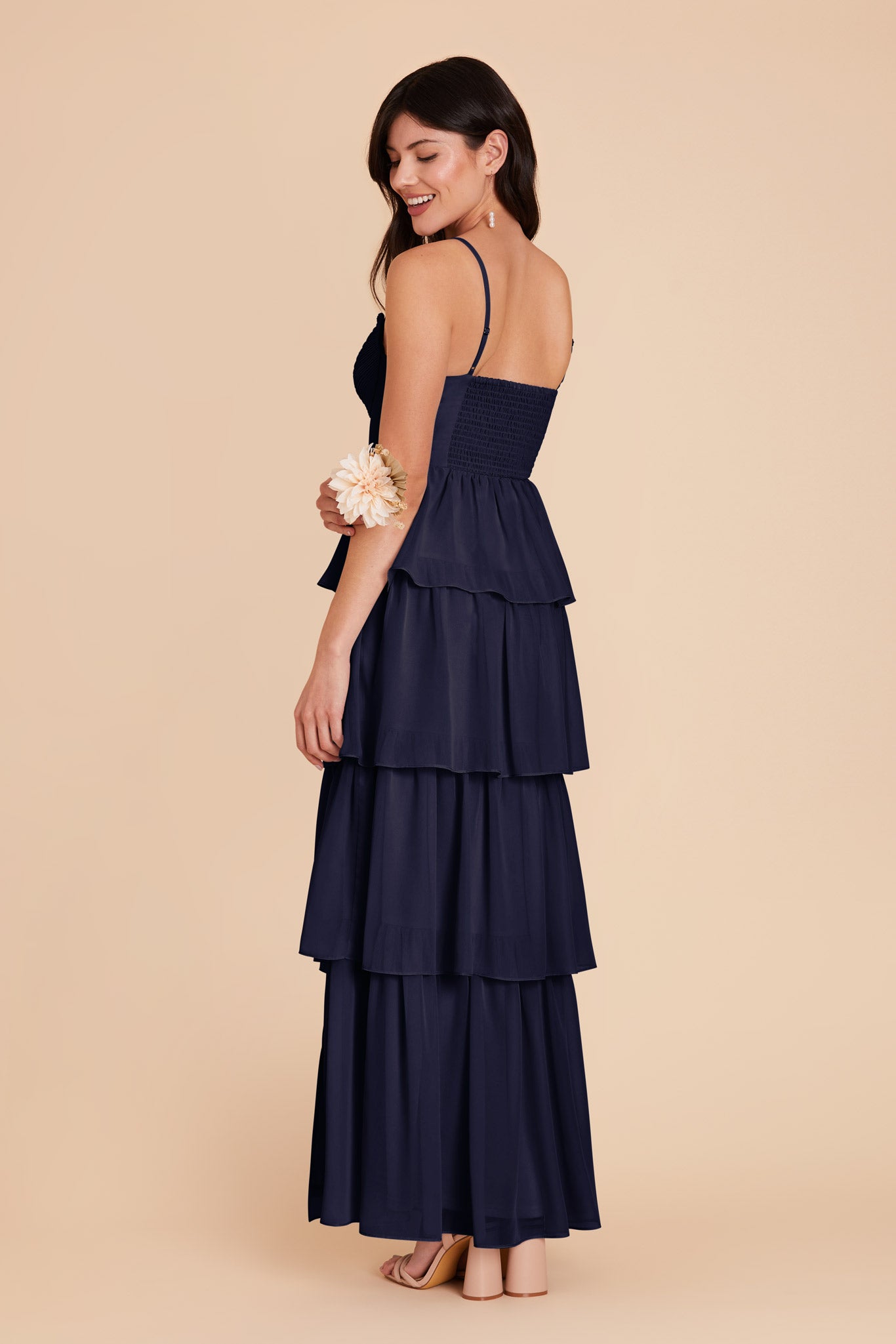 Ruffle Tiered Chiffon Dress in Navy | Lola