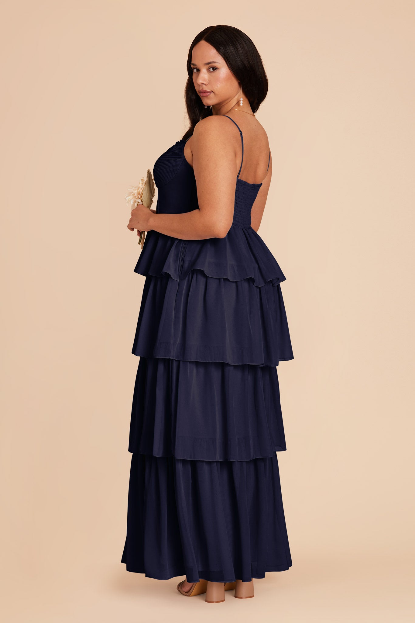 Ruffle Tiered Chiffon Dress in Navy | Lola