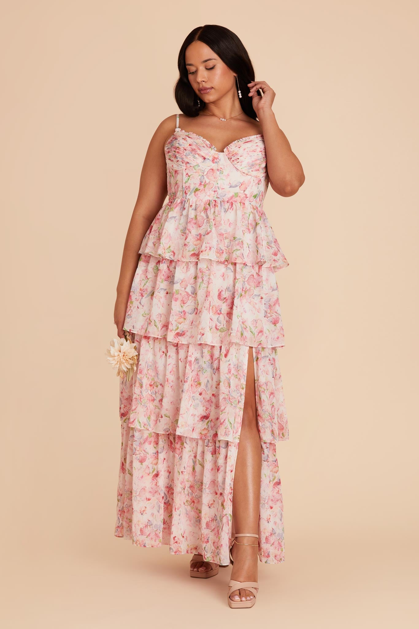 Ruffle Tiered Chiffon Dress in Pink | Lola