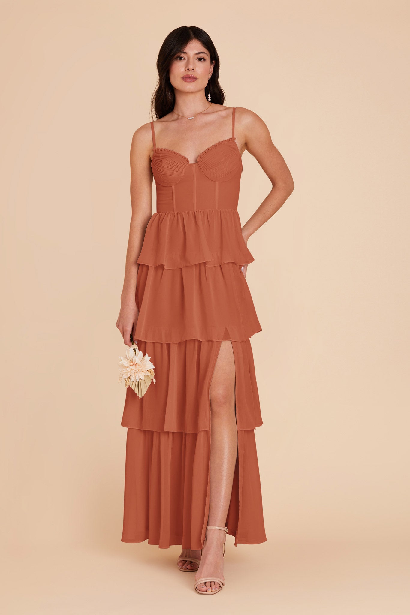Ruffle Tiered Chiffon Dress in Terracotta | Lola