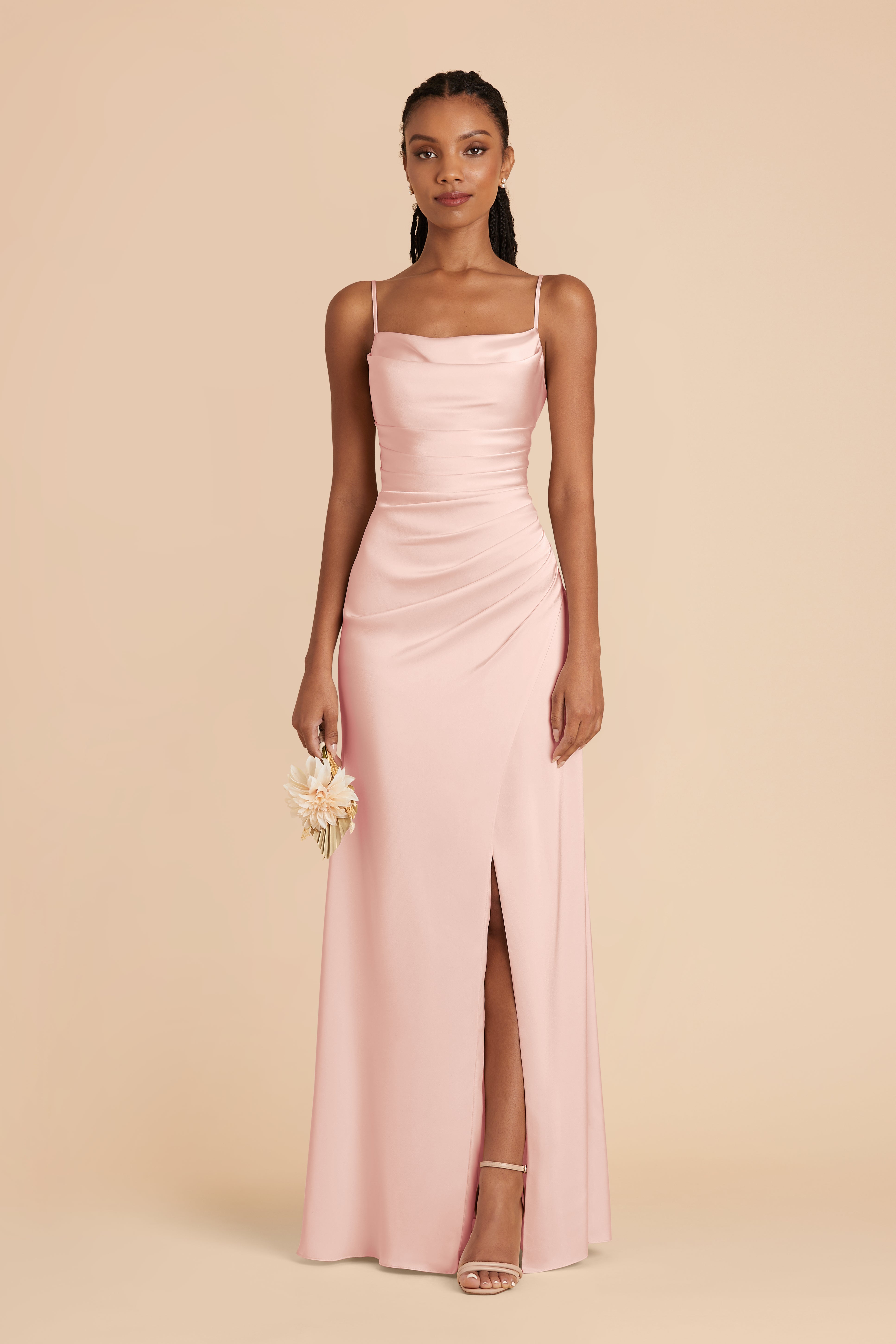 Blush Pink Satin Bridesmaid Dress with Mermaid Skirt & Cowl Neck | Lydia