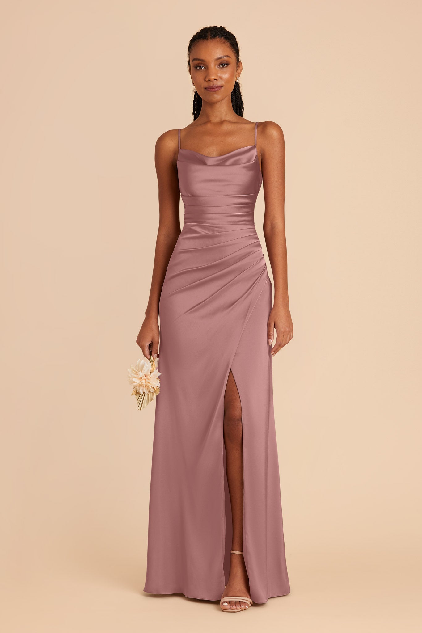 Dark Mauve Satin Bridesmaid Dress with Mermaid Skirt & Cowl Neck | Lydia