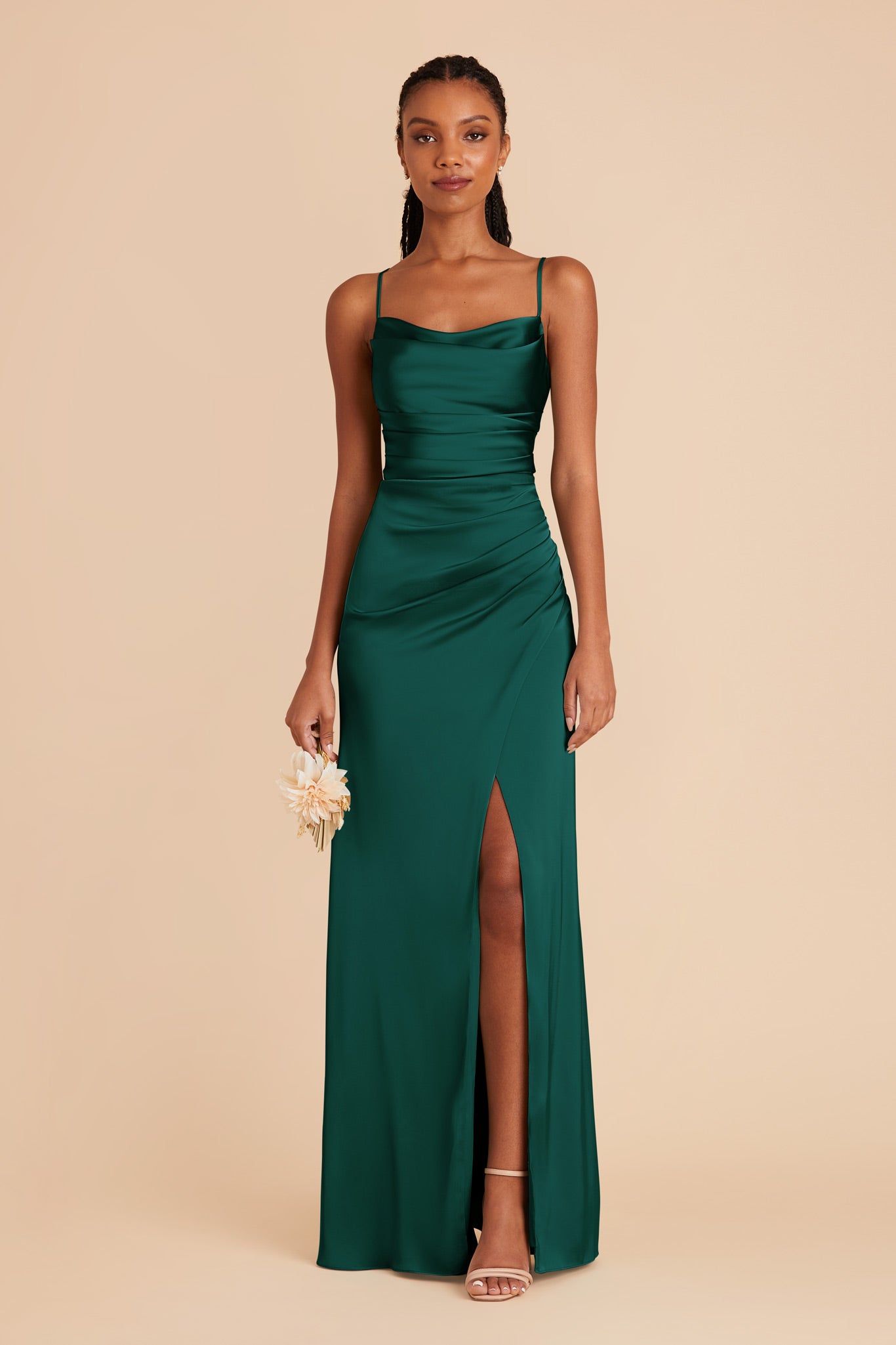 Emerald Satin Bridesmaid Dress with Mermaid Skirt & Cowl Neck | Lydia