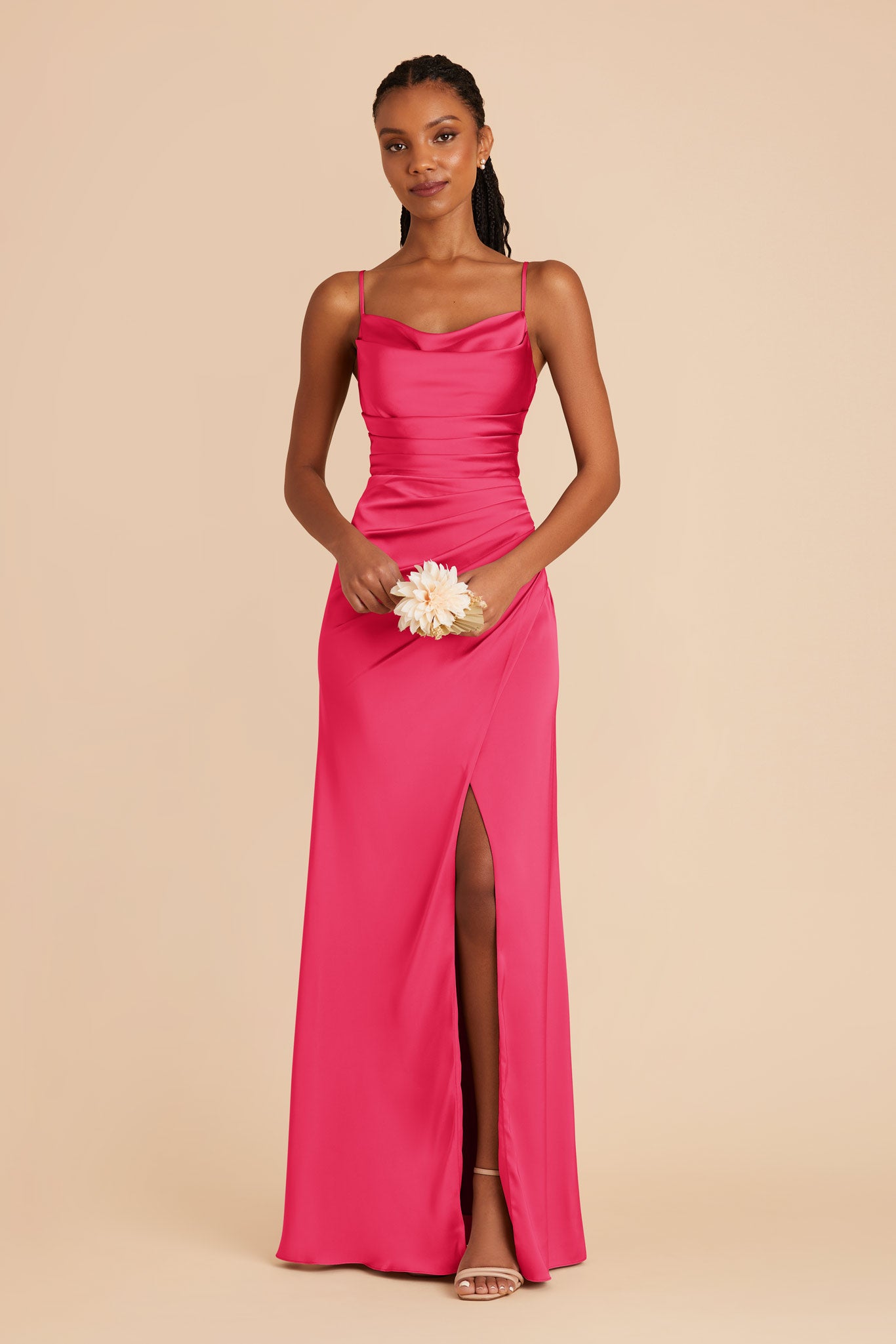 Fuchsia Satin Bridesmaid Dress with Mermaid Skirt & Cowl Neck | Lydia