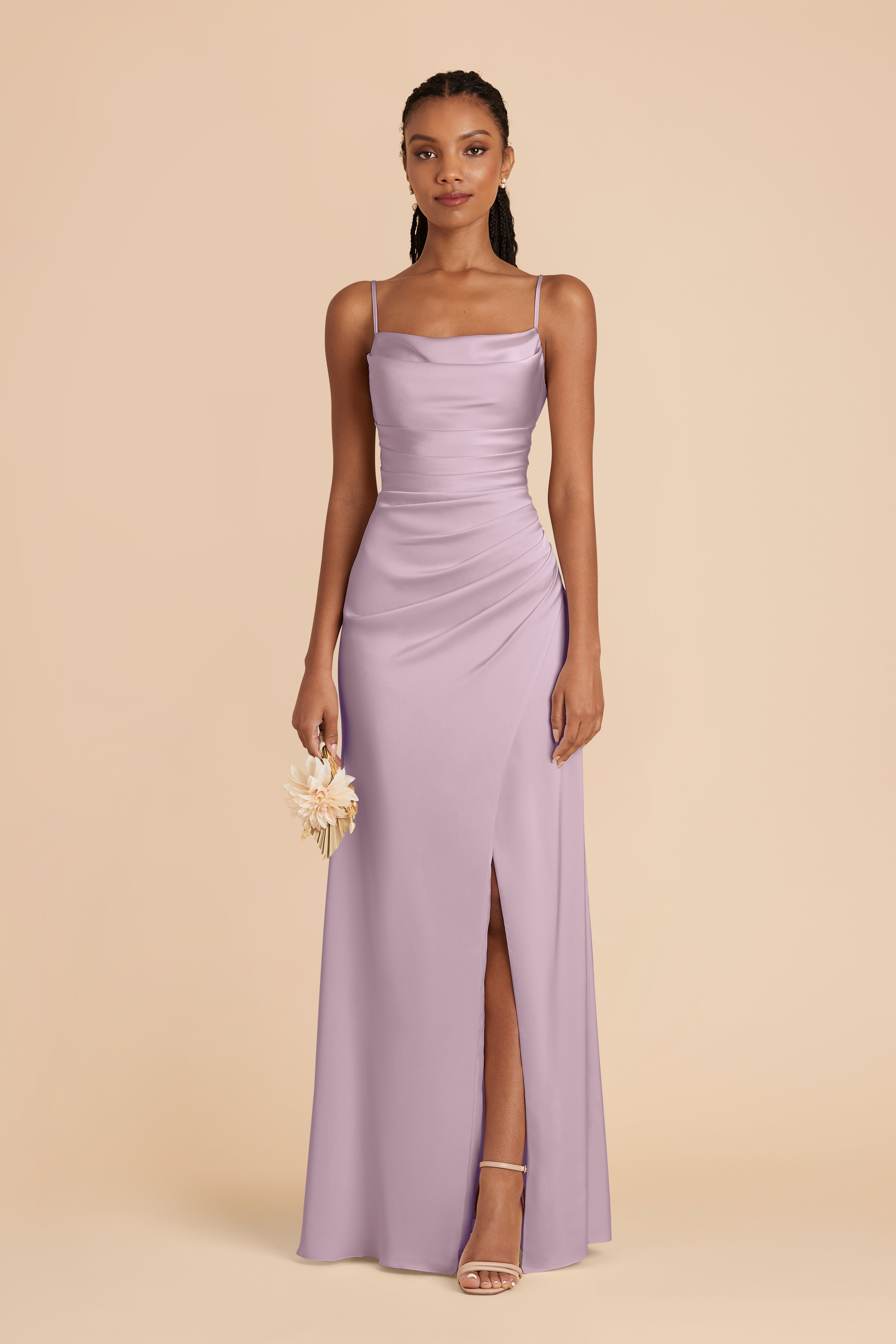 Lavender Satin Bridesmaid Dress with Mermaid Skirt & Cowl Neck | Lydia
