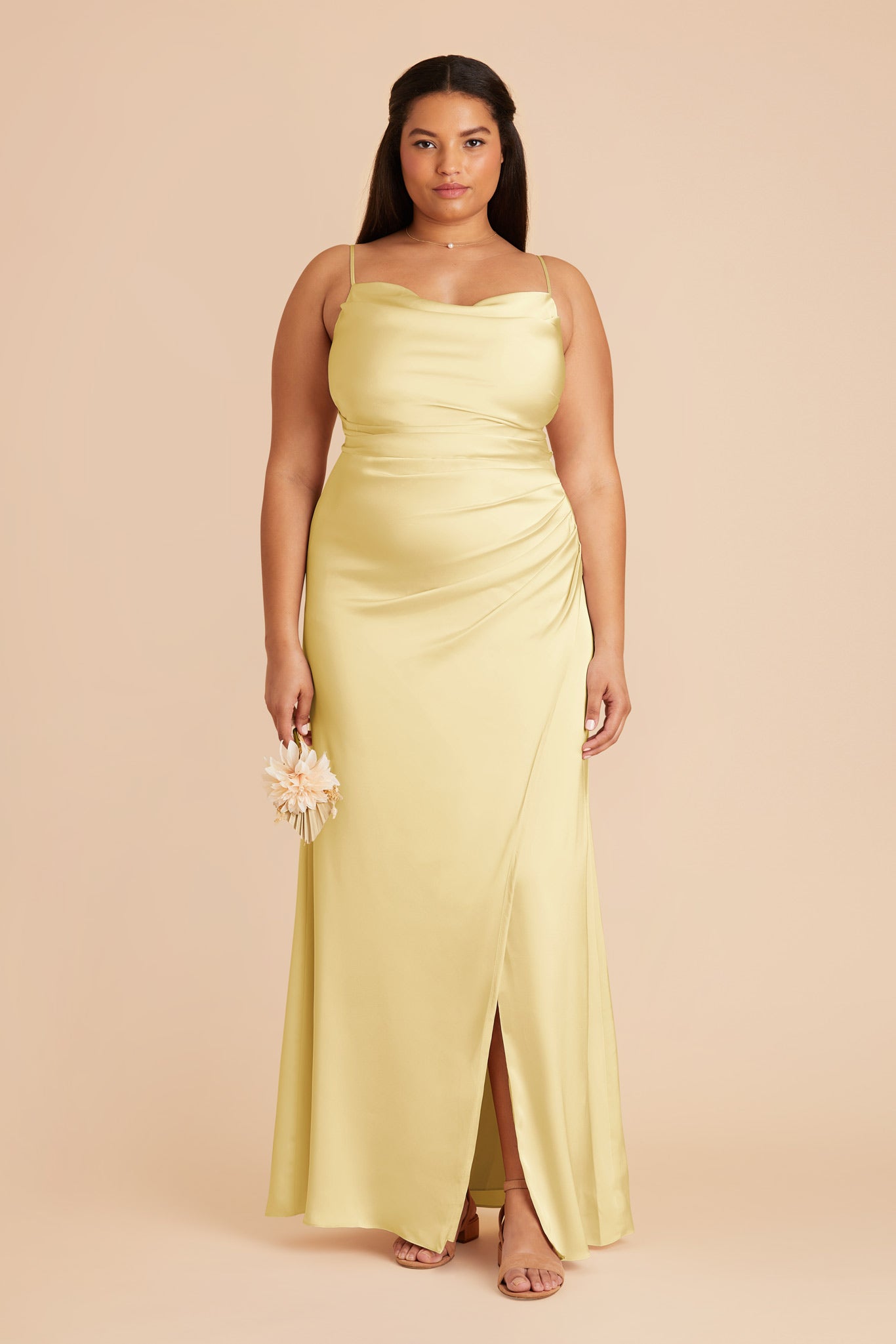 Lemon Sorbet Satin Bridesmaid Dress with Mermaid Skirt & Cowl Neck | Lydia