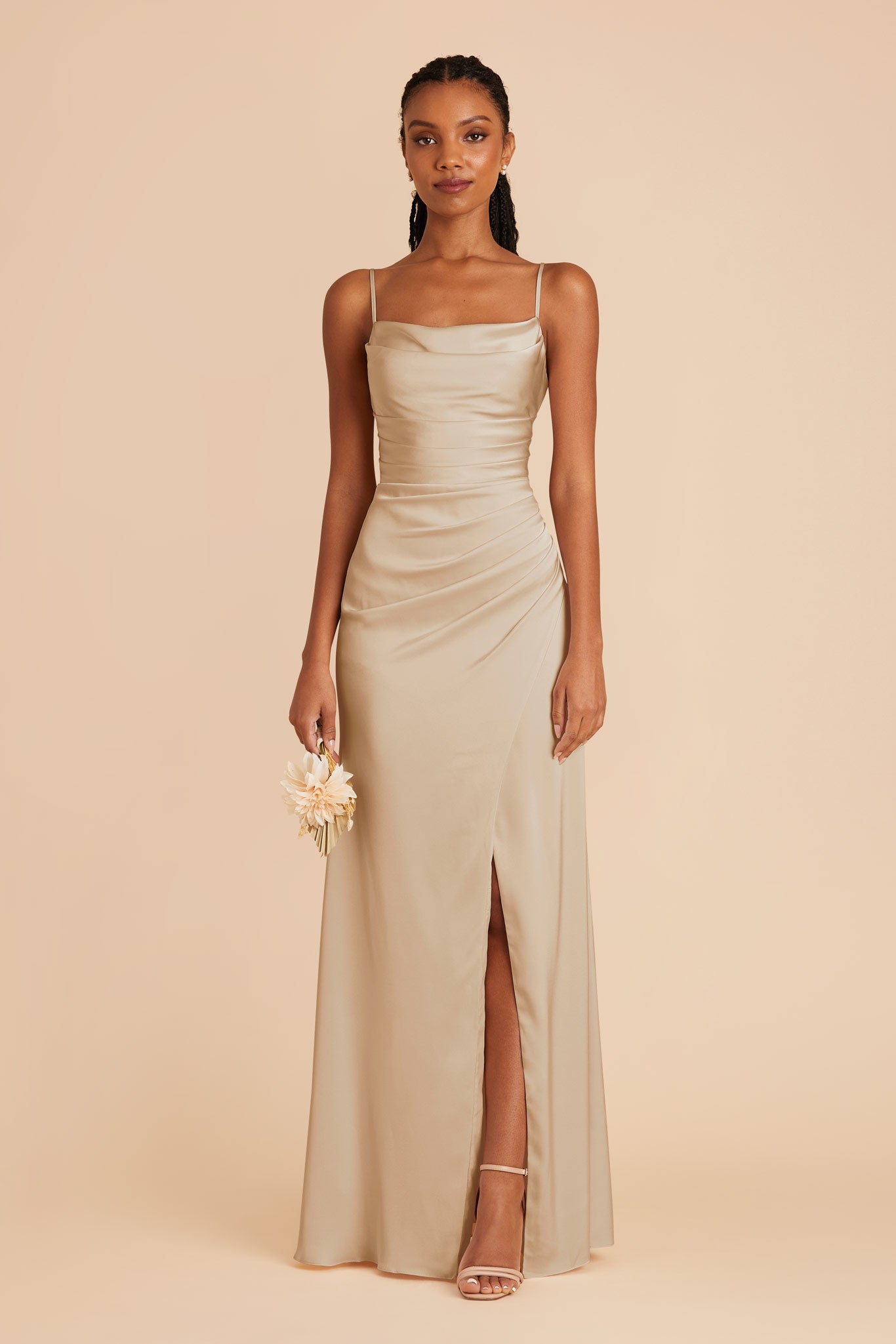 Champagne Satin Bridesmaid Dress with Cowl Neck | Lydia