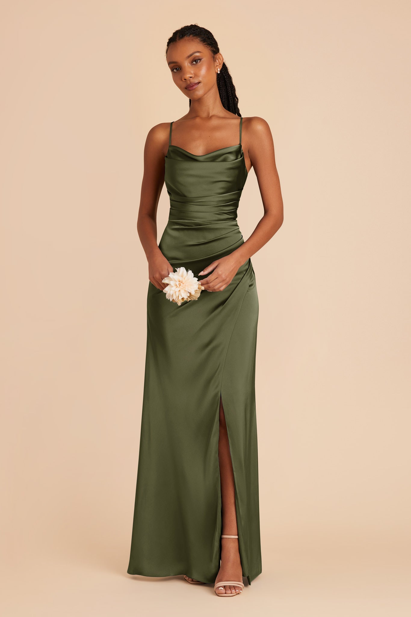 Olive Satin Bridesmaid Dress with Mermaid Skirt & Cowl Neck | Lydia