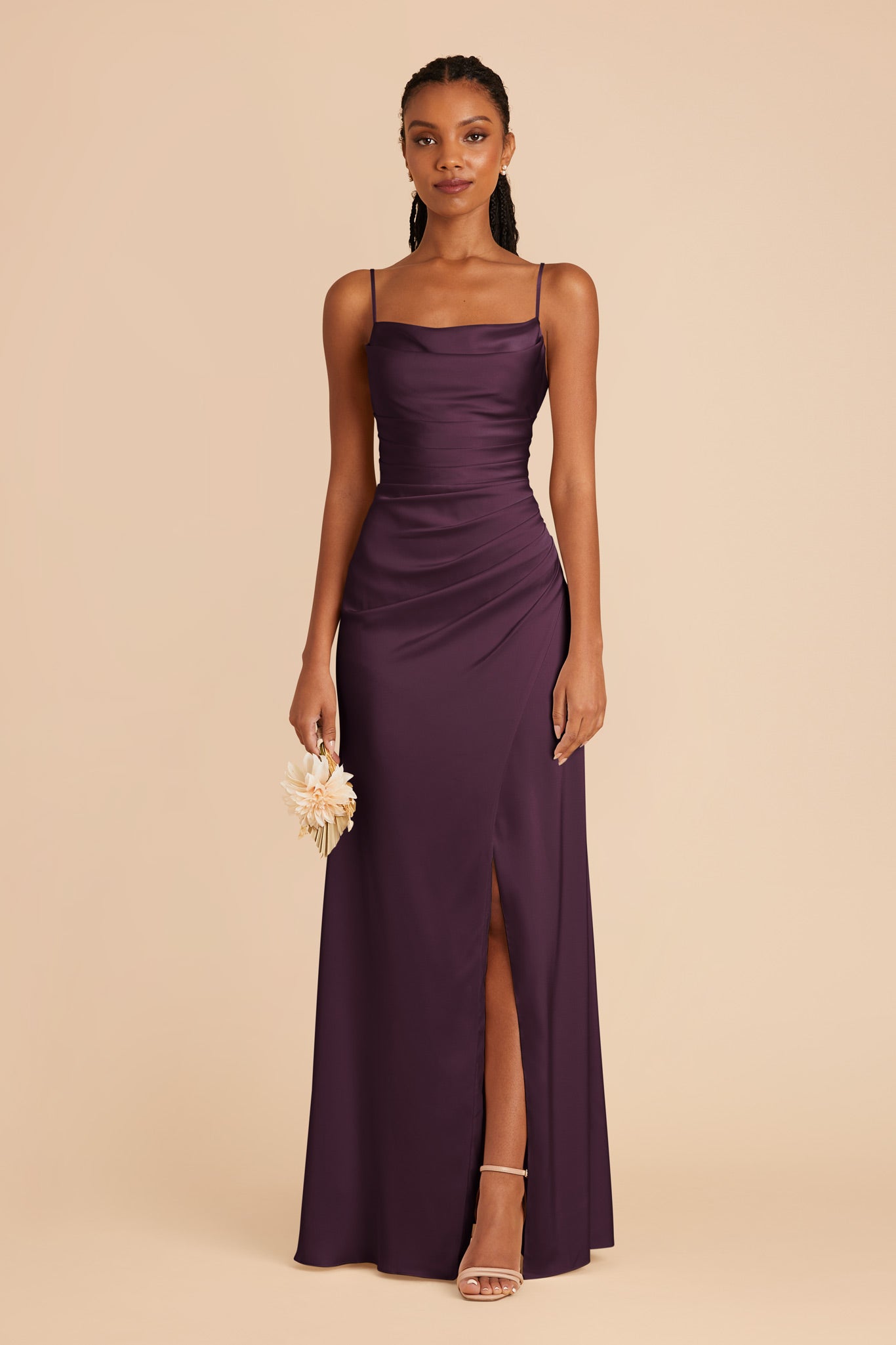 Plum Satin Bridesmaid Dress with Mermaid Skirt & Cowl Neck | Lydia