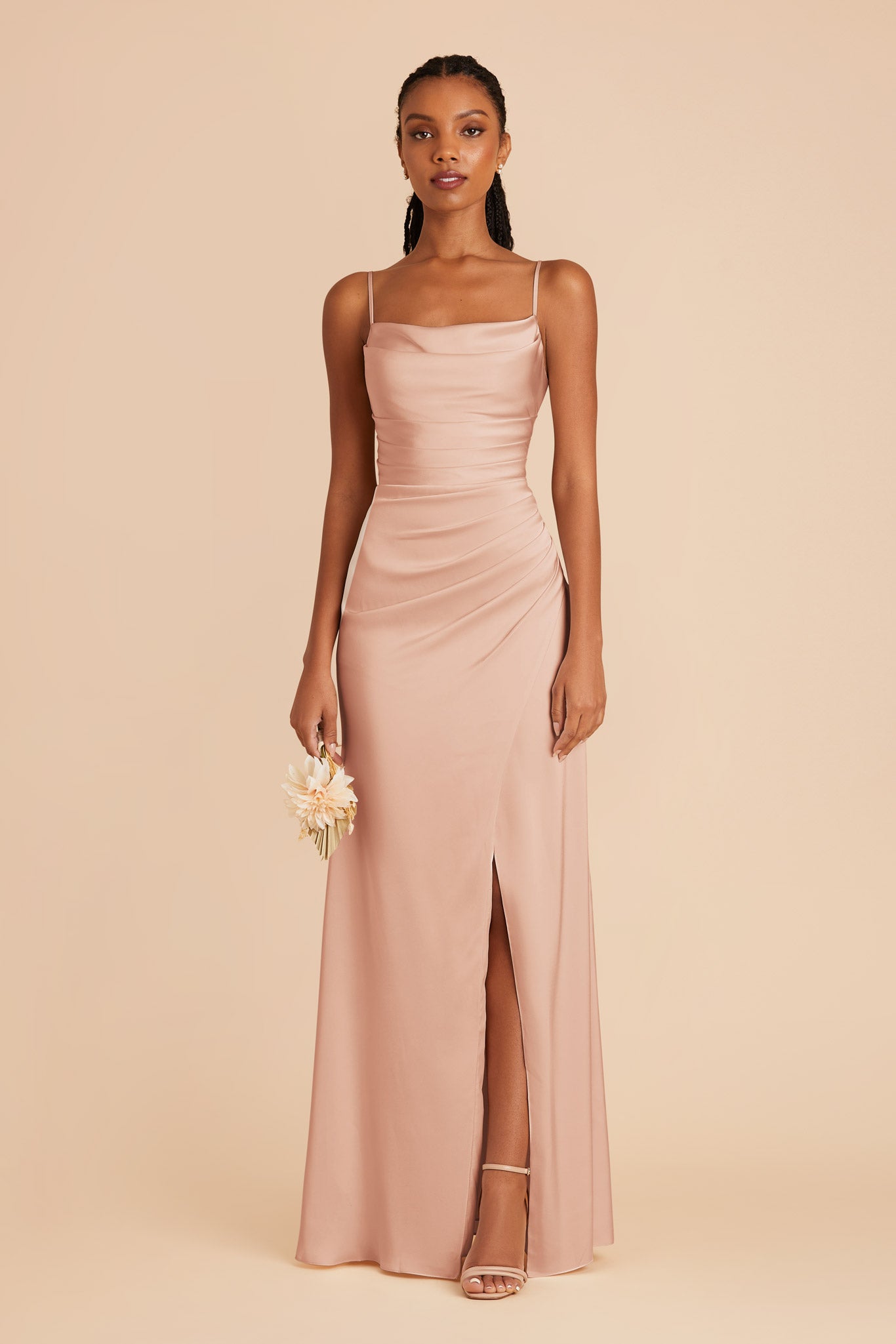 Rose Gold Satin Bridesmaid Dress with Mermaid Skirt & Cowl Neck | Lydia