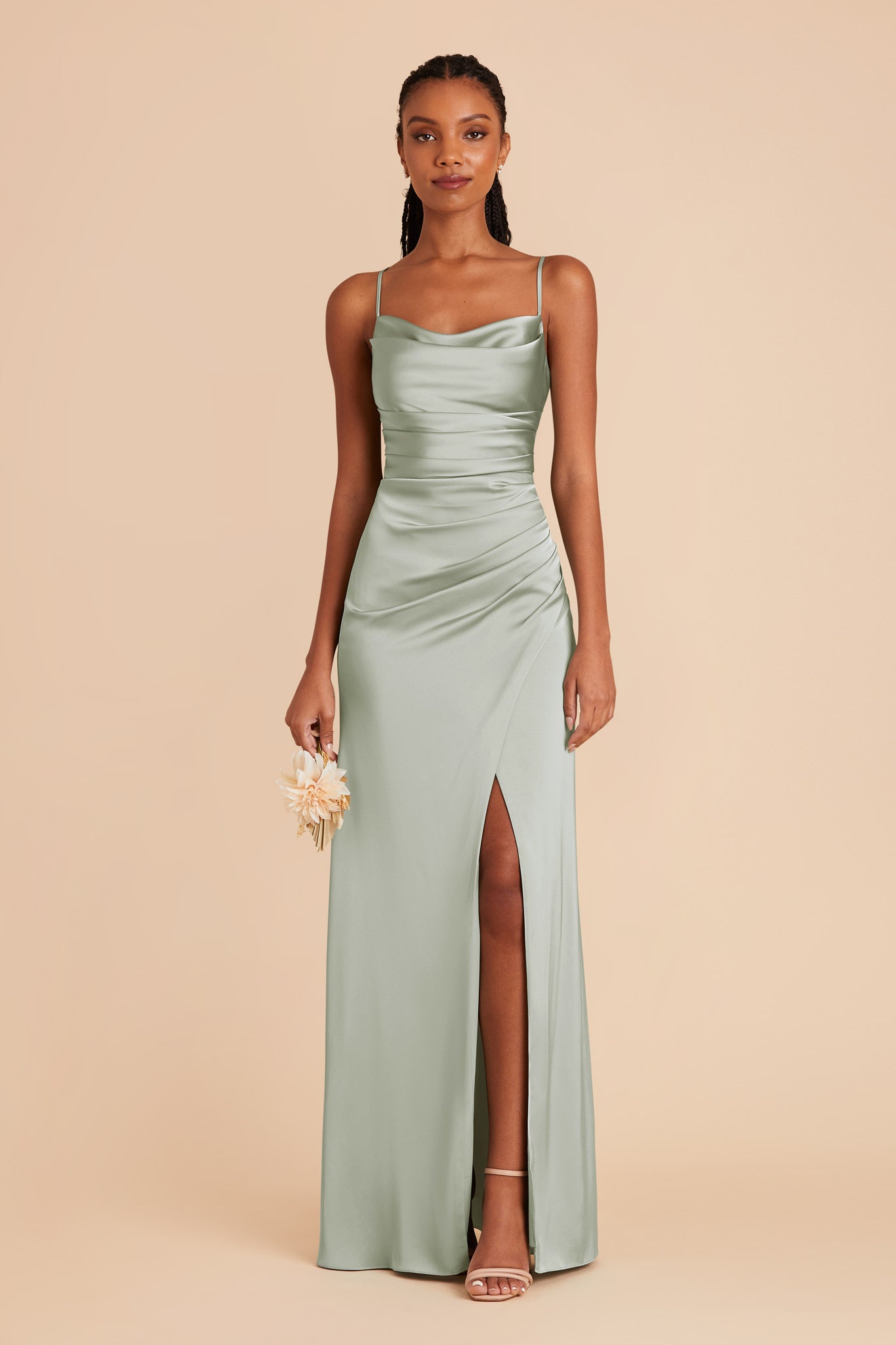 Sage Satin Bridesmaid Dress with Mermaid Skirt & Cowl Neck | Lydia