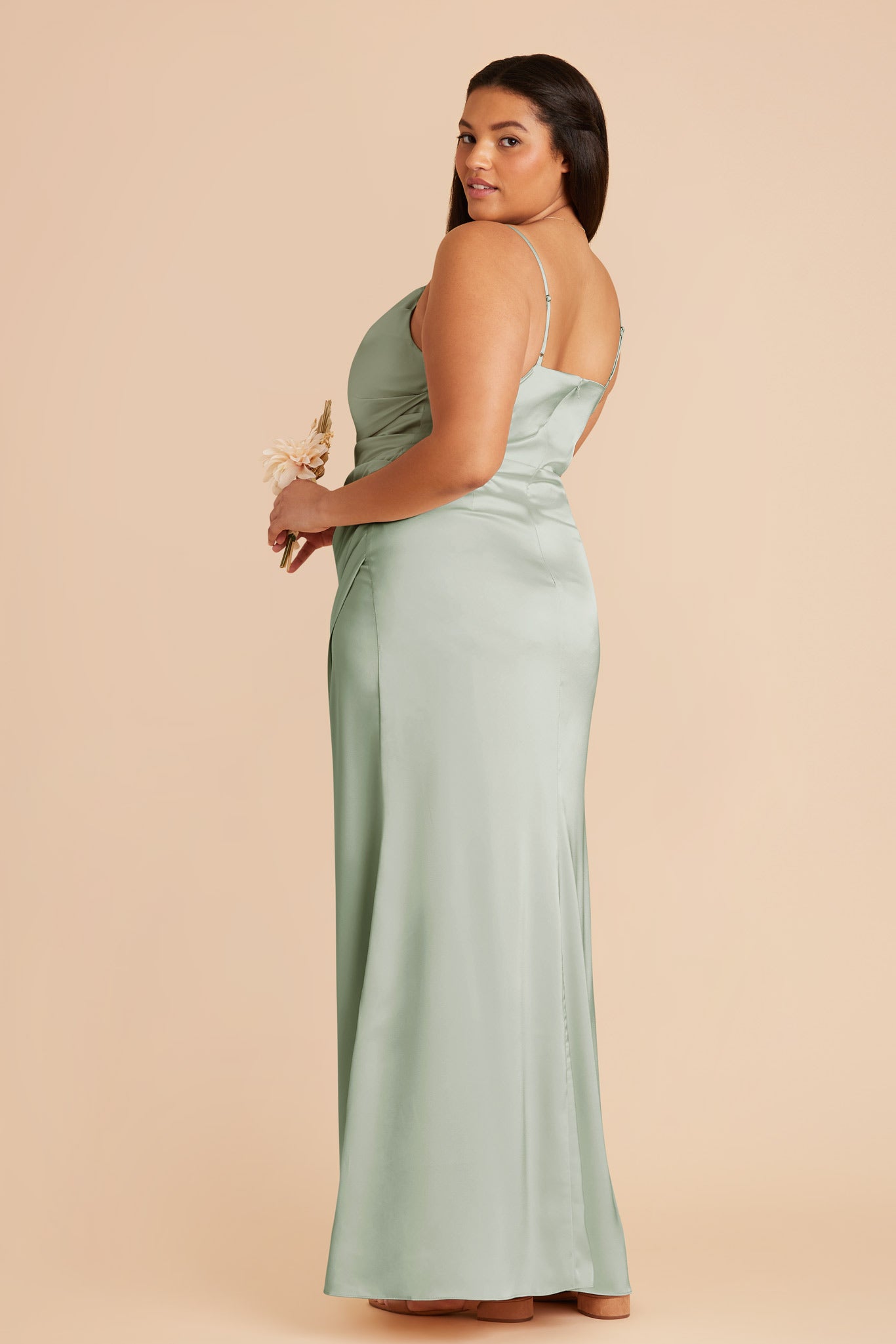 Sage Satin Bridesmaid Dress with Mermaid Skirt & Cowl Neck | Lydia