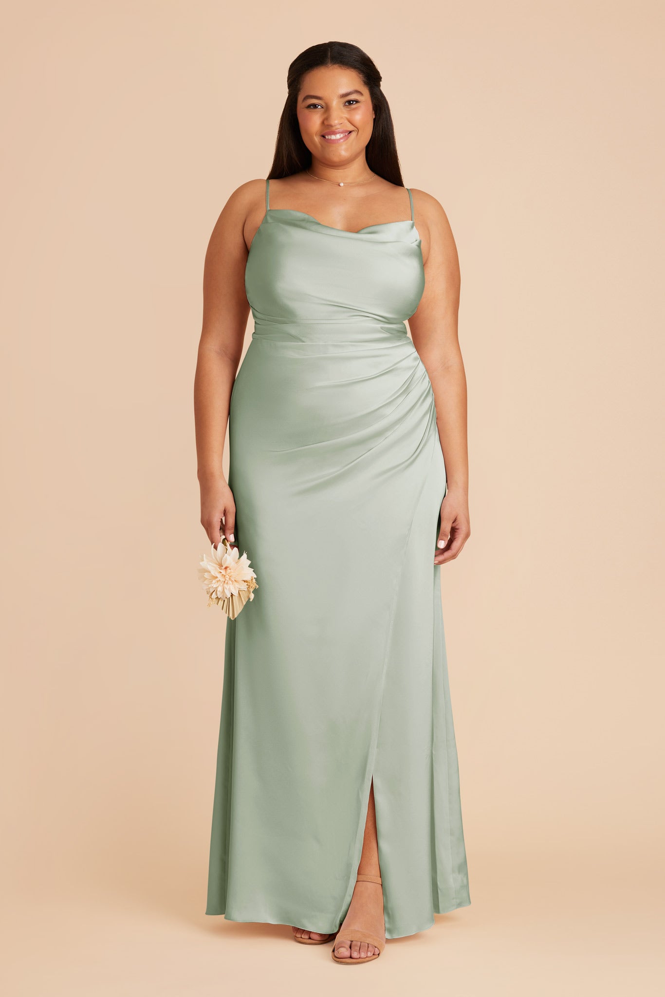 Sage Satin Bridesmaid Dress with Mermaid Skirt & Cowl Neck | Lydia
