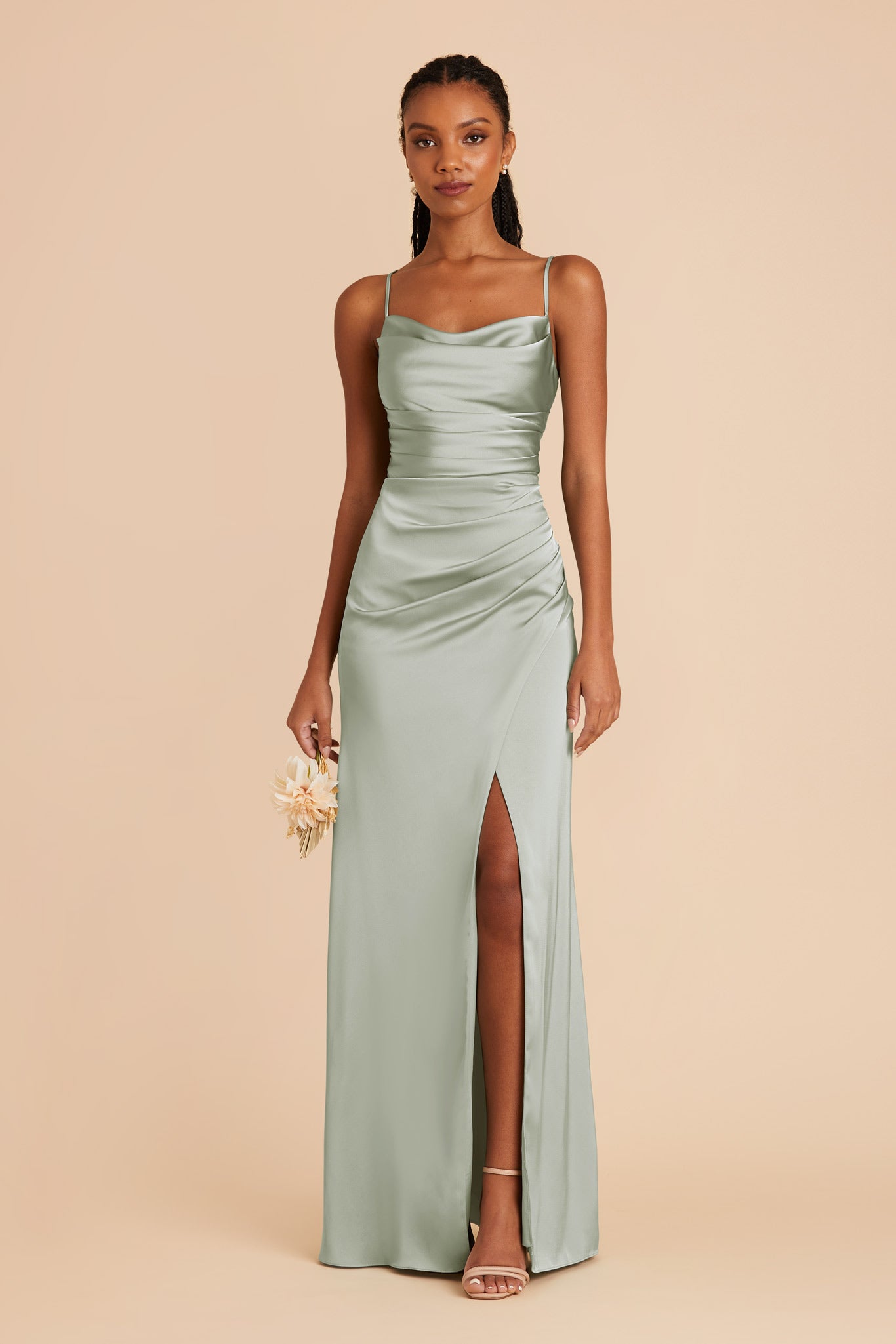 Sage Satin Bridesmaid Dress with Mermaid Skirt & Cowl Neck | Lydia