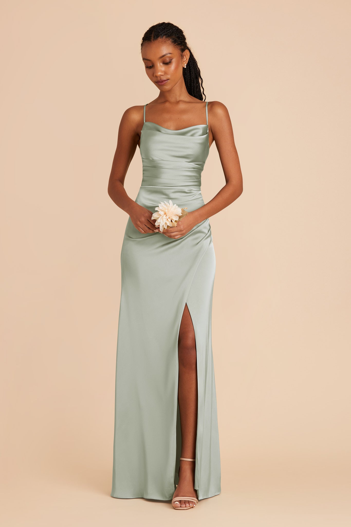 Sage Satin Bridesmaid Dress with Mermaid Skirt & Cowl Neck | Lydia