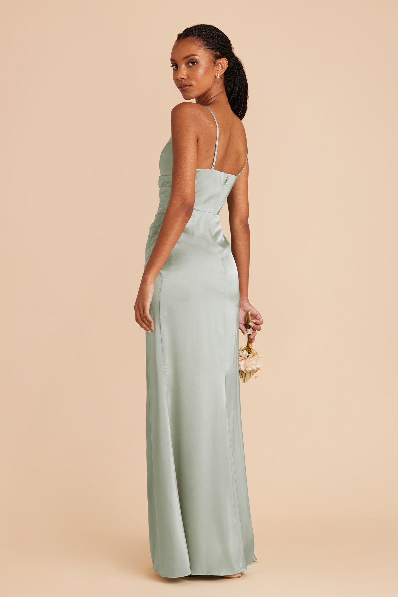 Sage Satin Bridesmaid Dress with Mermaid Skirt & Cowl Neck | Lydia