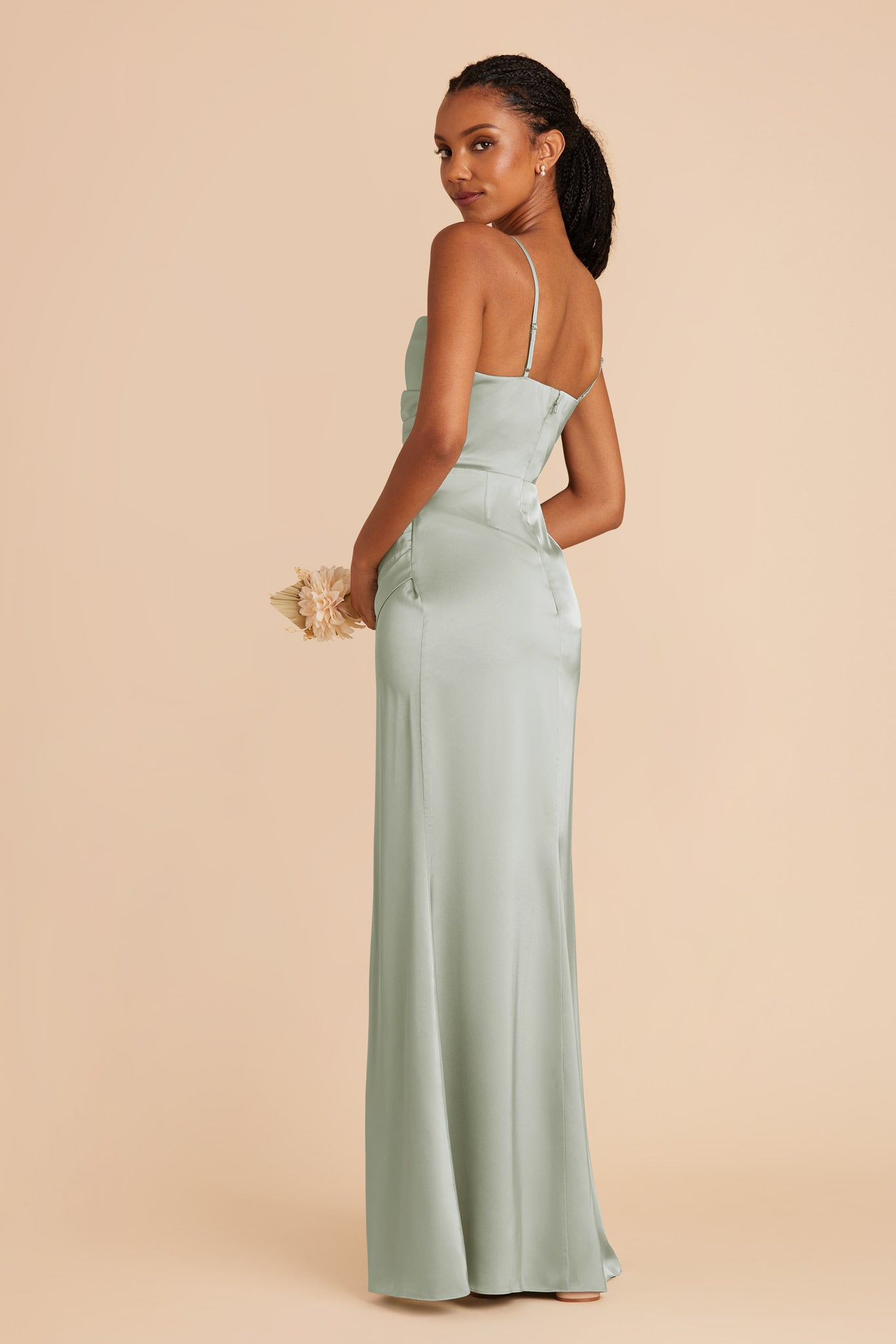 Sage Satin Bridesmaid Dress with Mermaid Skirt & Cowl Neck | Lydia