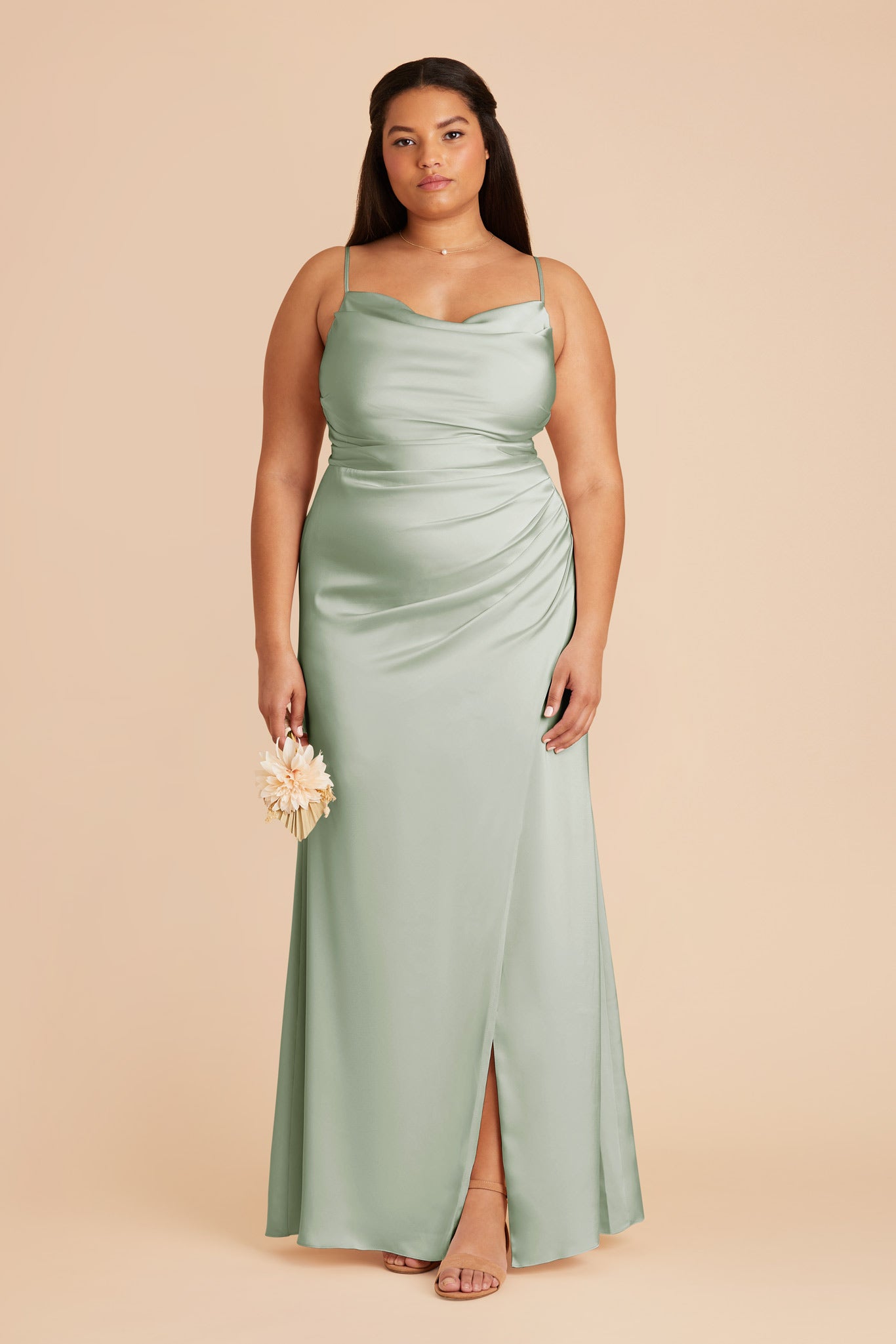 Sage Satin Bridesmaid Dress with Mermaid Skirt & Cowl Neck | Lydia