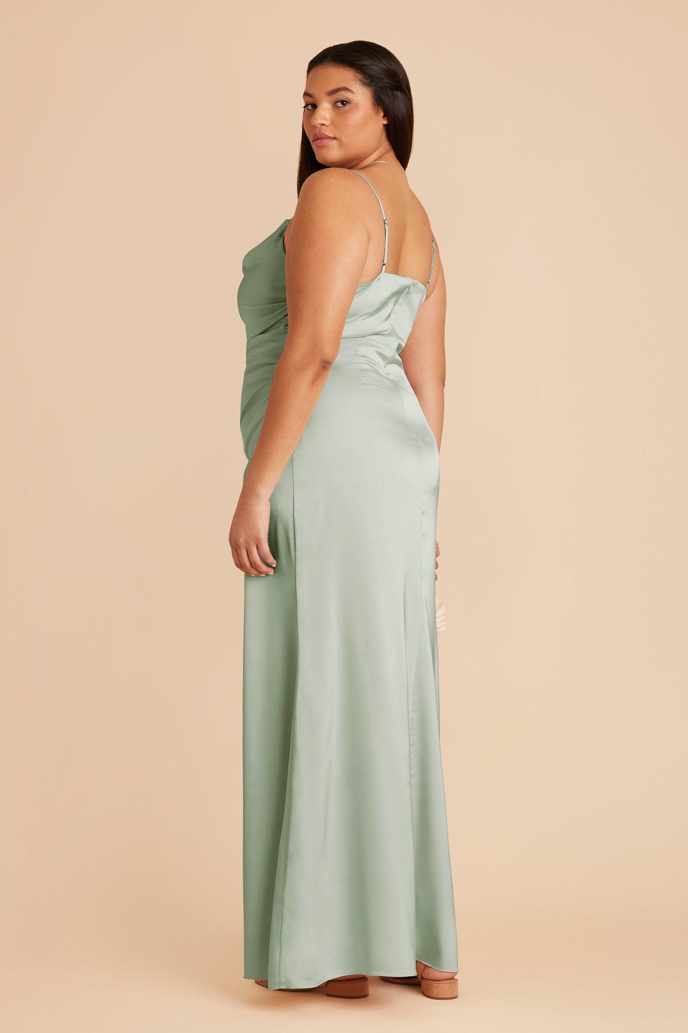 Sage Satin Bridesmaid Dress with Mermaid Skirt & Cowl Neck | Lydia